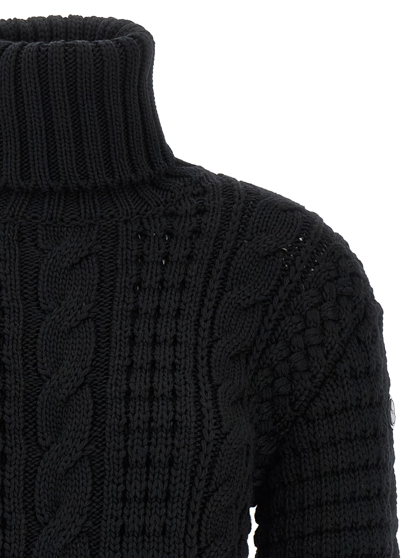 Cardigan by MONCLER GENIUS for women in virgin wool black features a dramatic silhouette, showcasing a sophisticated turtle neckline and dramatic detail for a timeless, premium look.