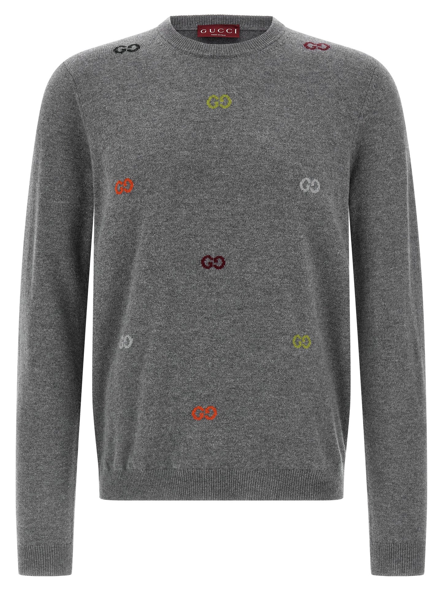 Cardigan by Gucci for men in cashmere gray & multicolor features a nuanced silhouette with a refined round neckline and nuanced detailing for a sophisticated look.