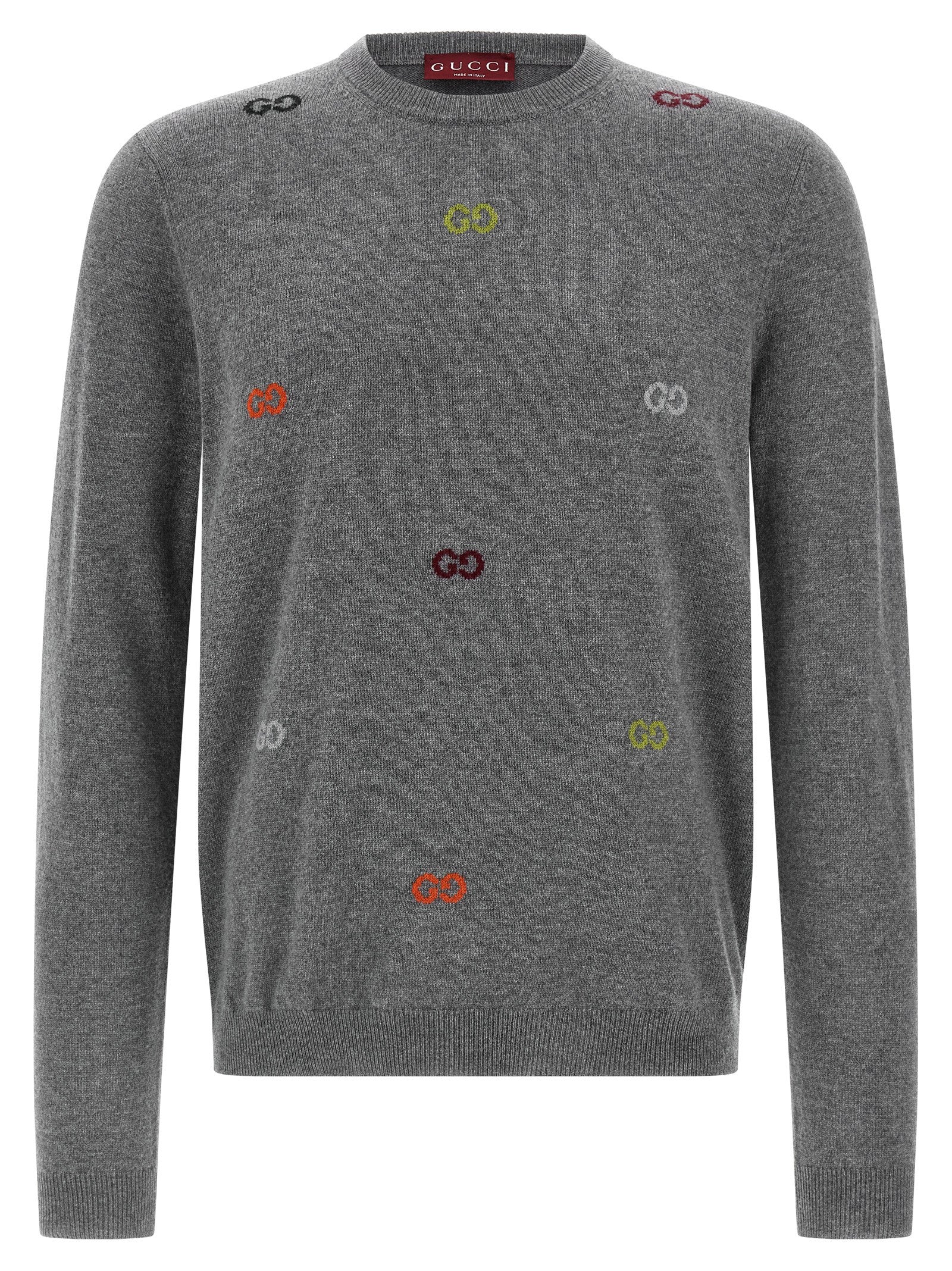 Cardigan by Gucci for men in cashmere gray & multicolor features a nuanced silhouette with a refined round neckline and nuanced detailing for a sophisticated look.