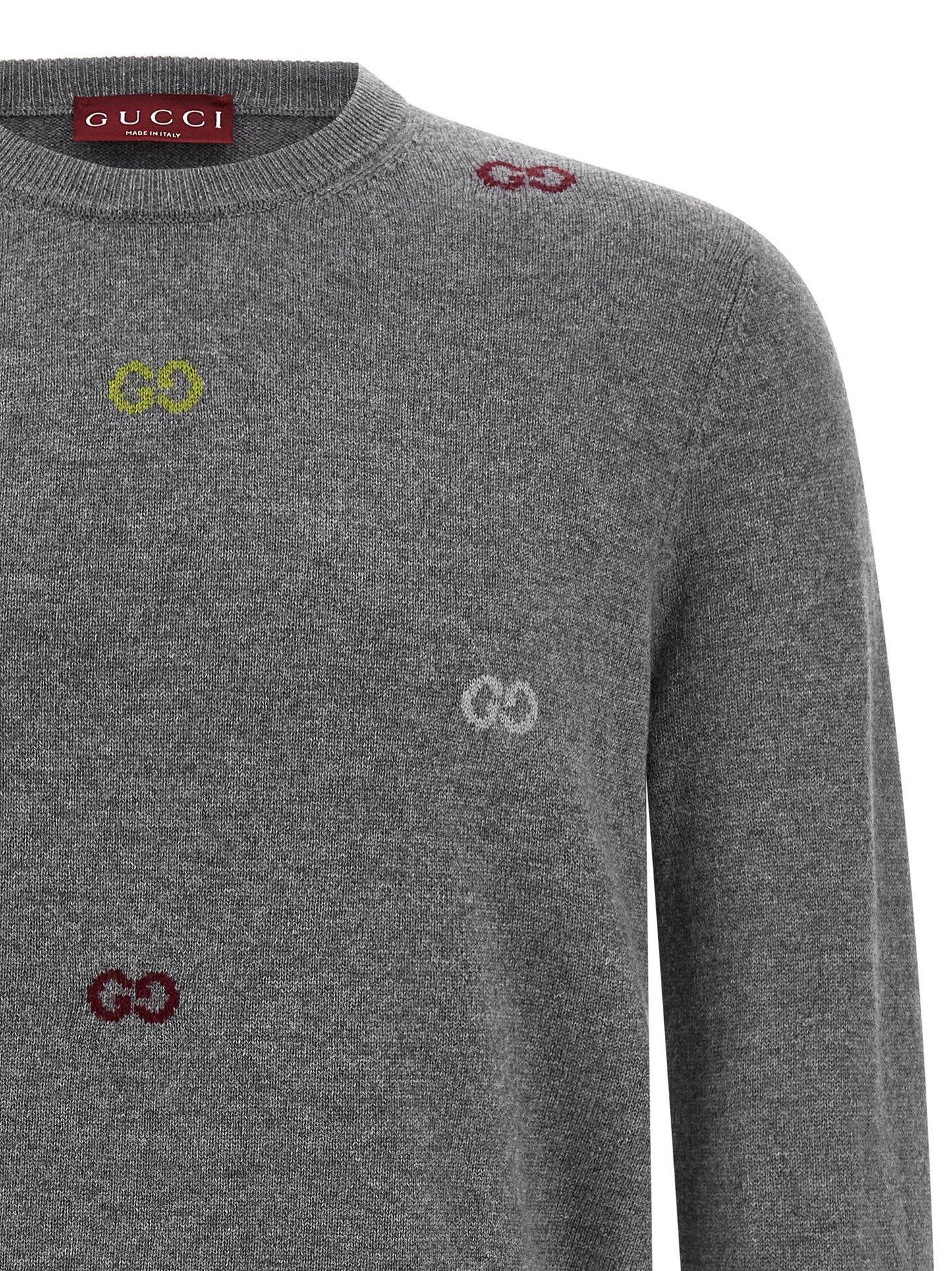 Cardigan by Gucci for men in cashmere gray & multicolor showcases a luxurious silhouette, meticulously detailed with a sophisticated round neckline and for a refined finish.