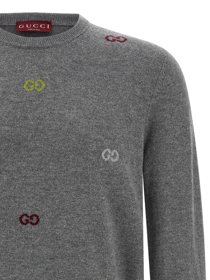 Cardigan by Gucci for men in cashmere gray & multicolor showcases a luxurious silhouette, meticulously detailed with a sophisticated round neckline and for a refined finish.