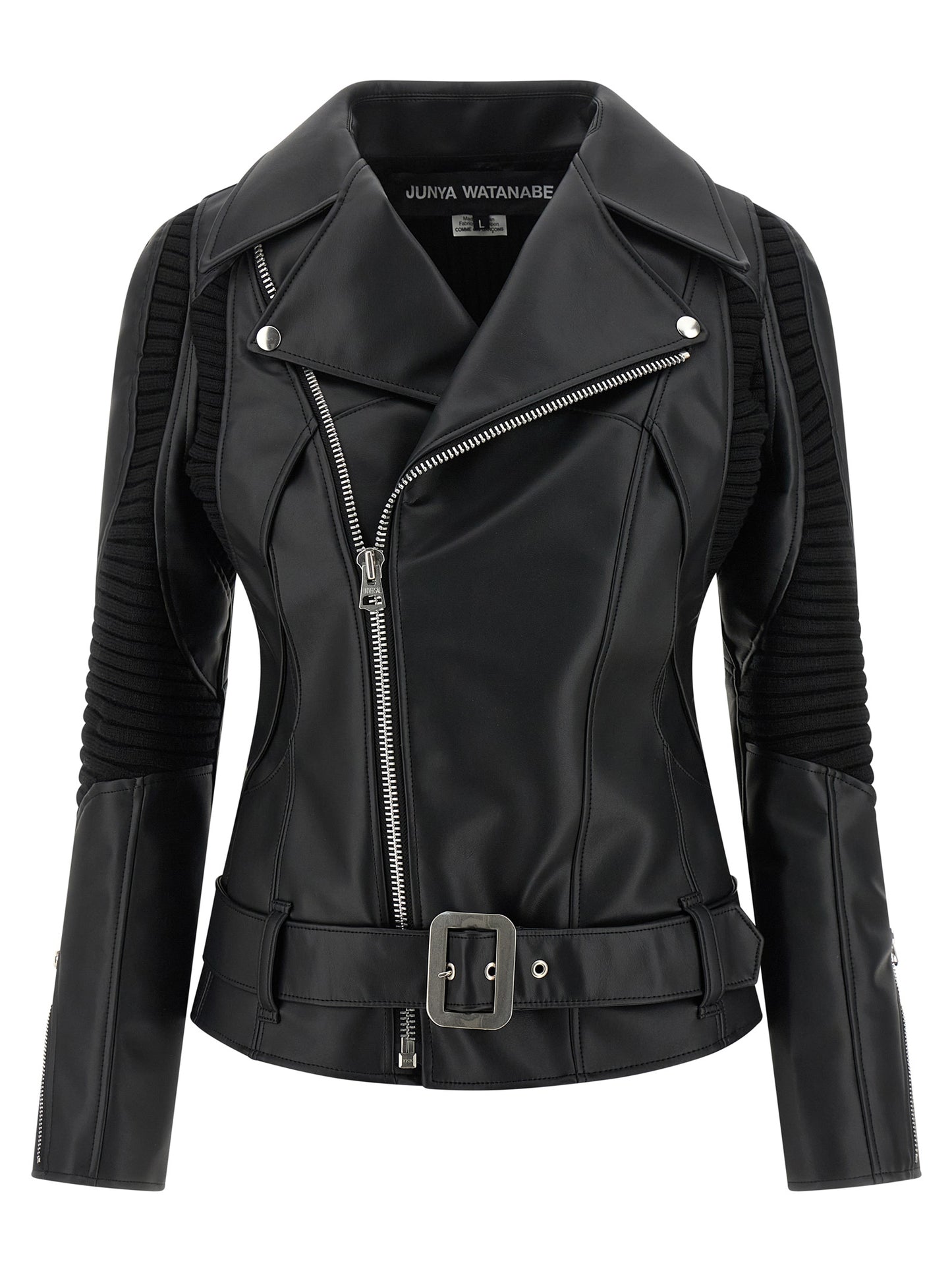 This Jacket by Junya Watanabe for women in synthetic leather black showcases a magnificent silhouette, meticulously crafted with a distinctive asymmetric neckline and functional for a magnificent finish.