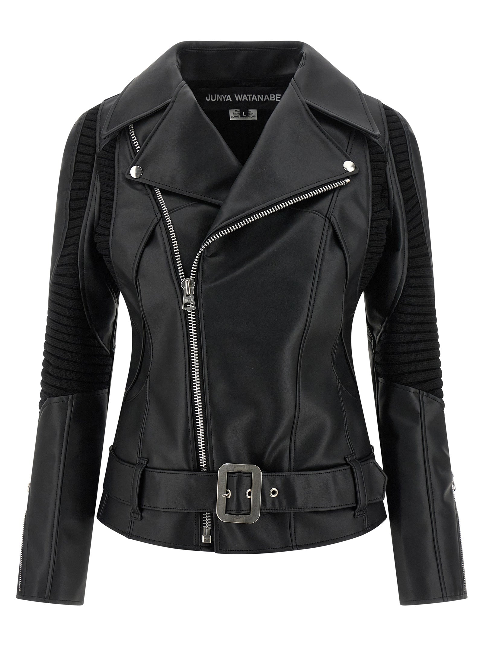 This Jacket by Junya Watanabe for women in synthetic leather black showcases a magnificent silhouette, meticulously crafted with a distinctive asymmetric neckline and functional for a magnificent finish.