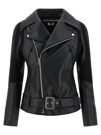 This Jacket by Junya Watanabe for women in synthetic leather black showcases a magnificent silhouette, meticulously crafted with a distinctive asymmetric neckline and functional for a magnificent finish.
