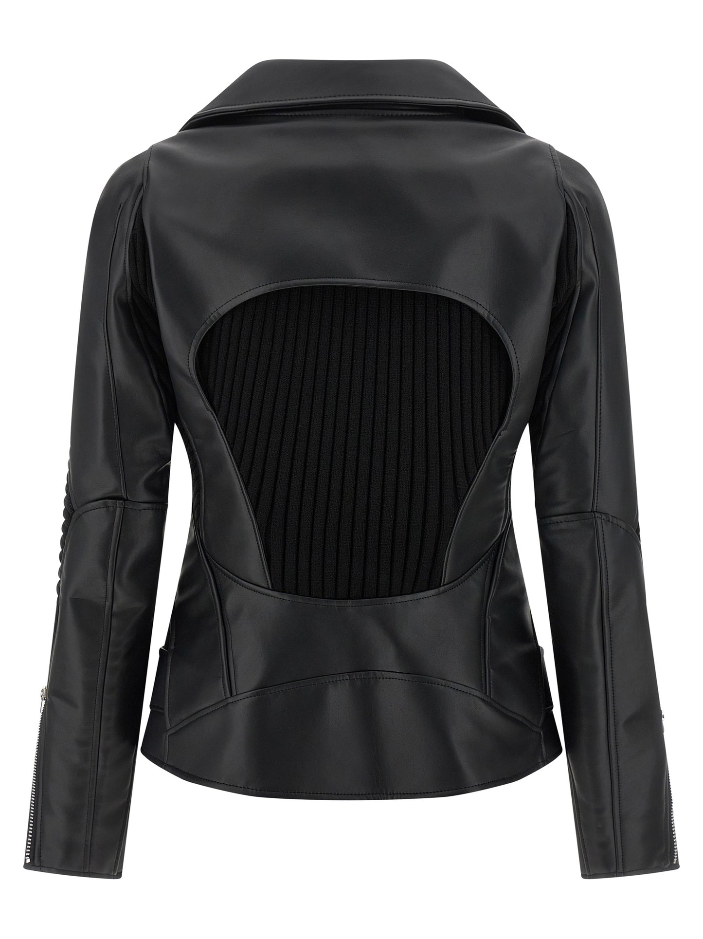 Jacket by Junya Watanabe for women in synthetic leather black showcases a contemporary silhouette, detailed with a contemporary asymmetric neckline and premium for a sophisticated finish.