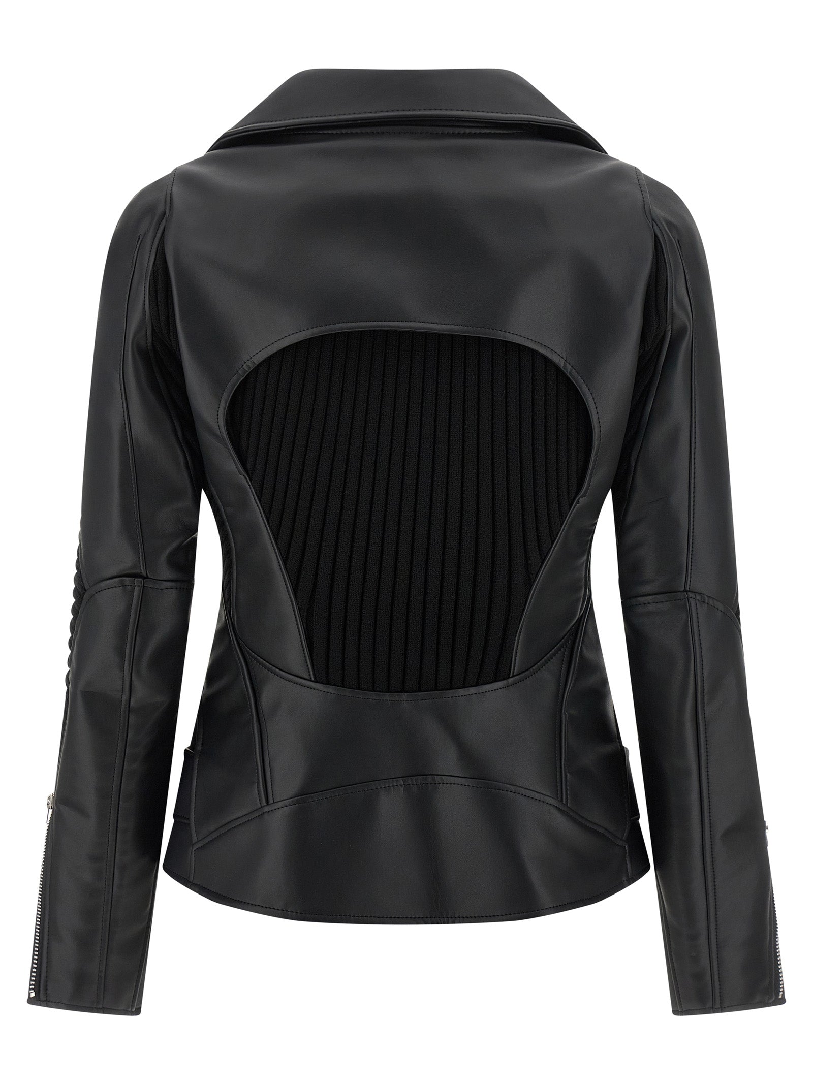 Jacket by Junya Watanabe for women in synthetic leather black showcases a contemporary silhouette, detailed with a contemporary asymmetric neckline and premium for a sophisticated finish.