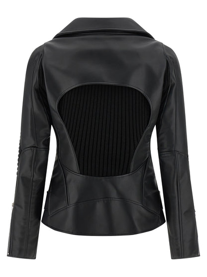 Jacket by Junya Watanabe for women in synthetic leather black showcases a contemporary silhouette, detailed with a contemporary asymmetric neckline and premium for a sophisticated finish.