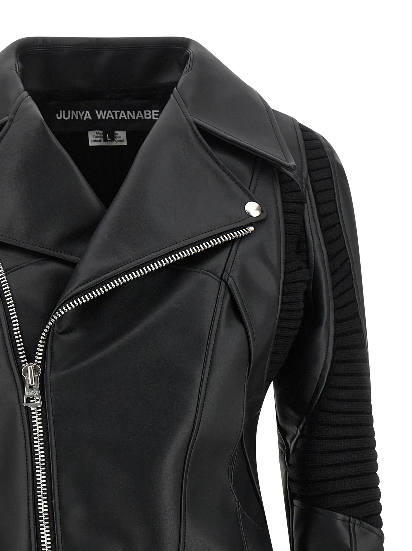 Jacket by Junya Watanabe for women in synthetic leather black features an utilitarian silhouette with a refined asymmetric neckline, showcasing sophisticated for an utilitarian aesthetic.