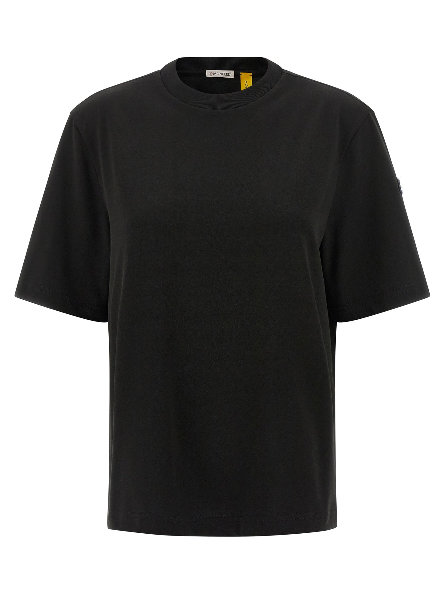 Activewear T-Shirt by MONCLER GENIUS for women in cotton black & signature features a versatile silhouette, showcasing a versatile and short-sleeve detailed with high-performance for a premium look.