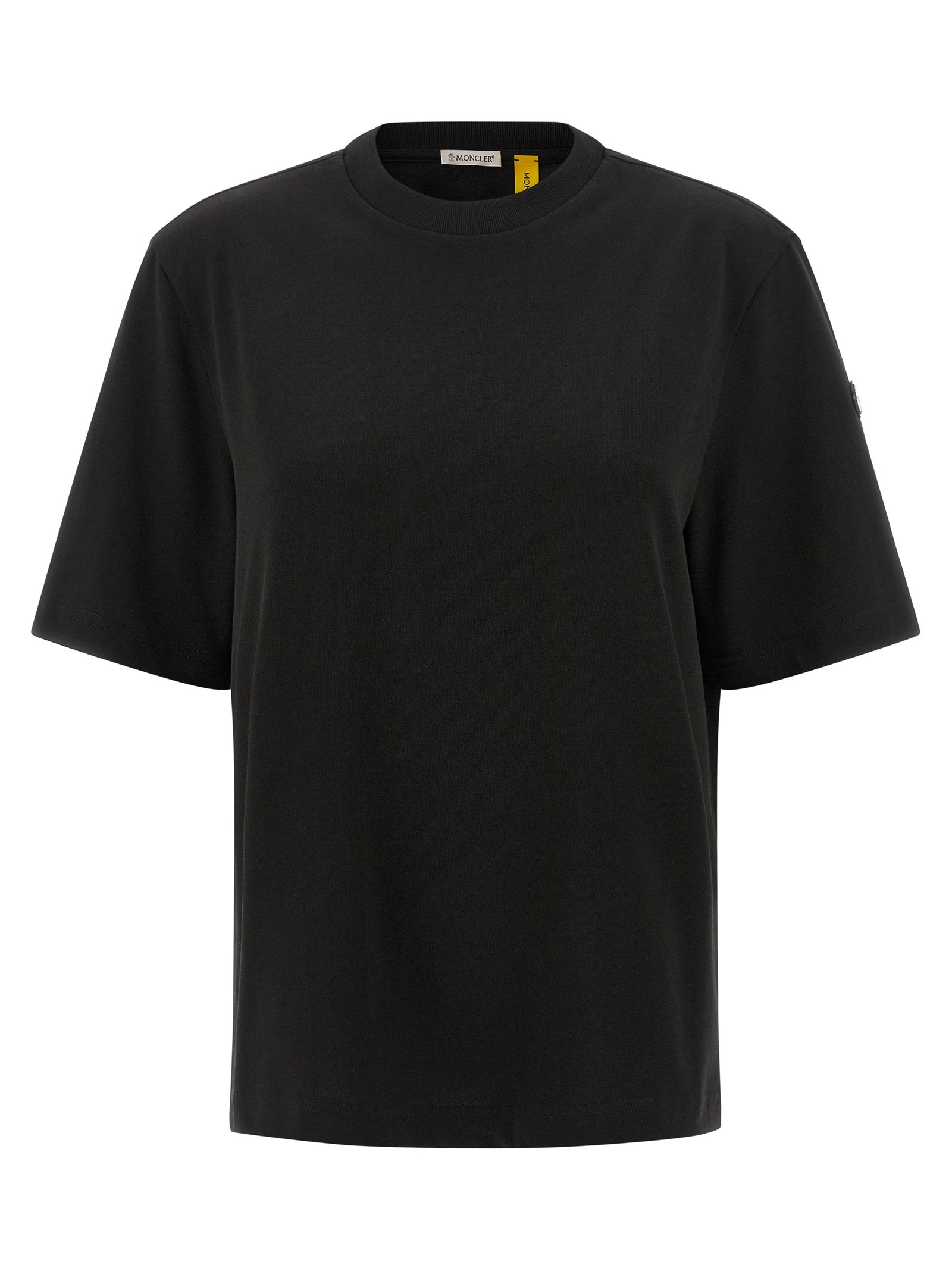 Activewear T-Shirt by MONCLER GENIUS for women in cotton black & signature features a versatile silhouette, showcasing a versatile and short-sleeve detailed with high-performance for a premium look.