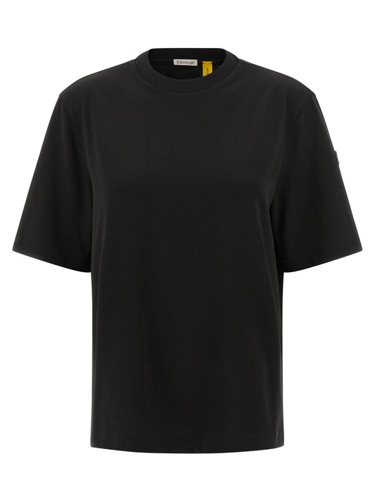Activewear T-Shirt by MONCLER GENIUS for women in cotton black & signature features a versatile silhouette, showcasing a versatile and short-sleeve detailed with high-performance for a premium look.