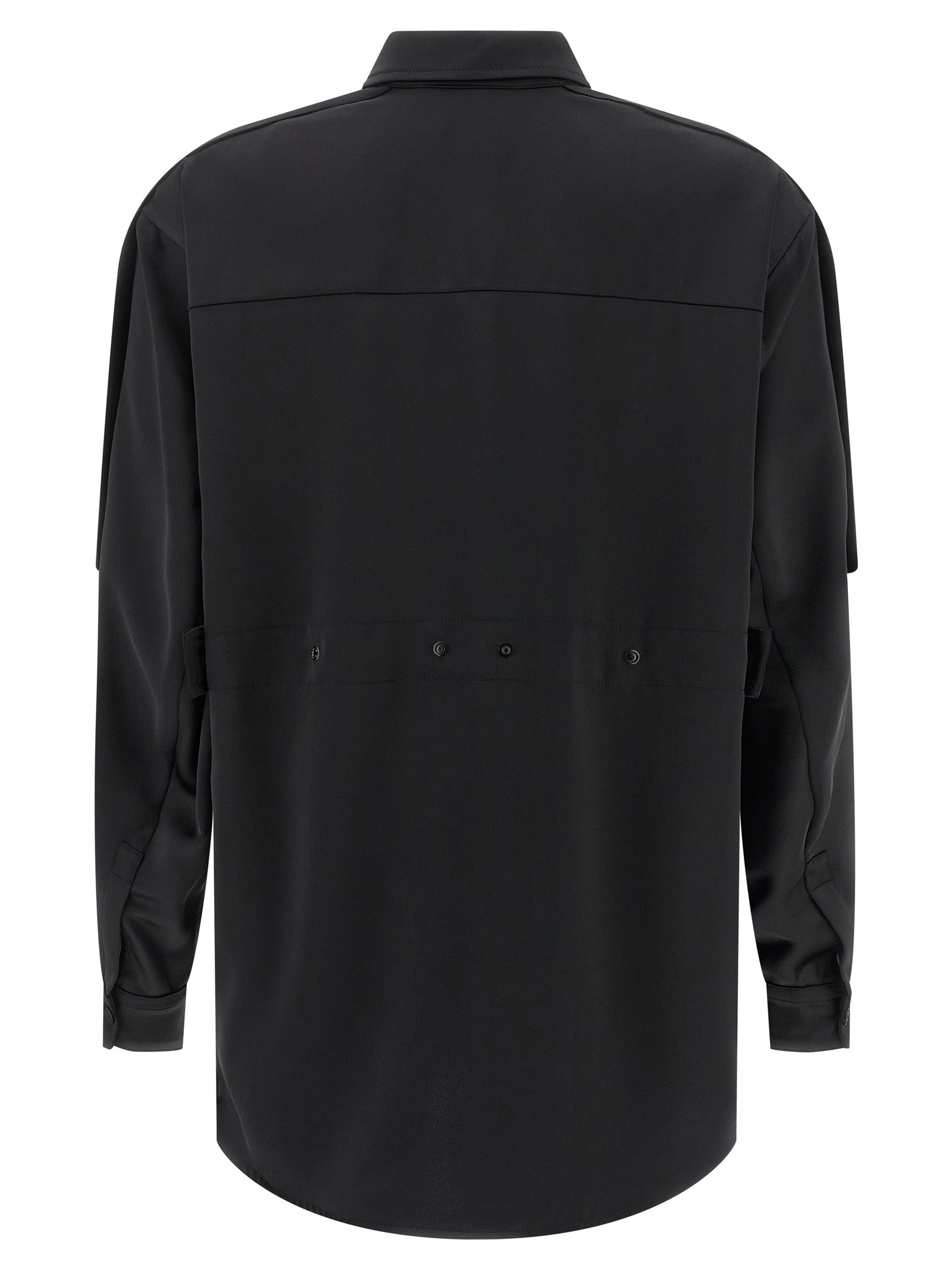 Blouse by MONCLER GENIUS for women in polyester satin black features an architectural silhouette with a refined and elegant for a architectural look.