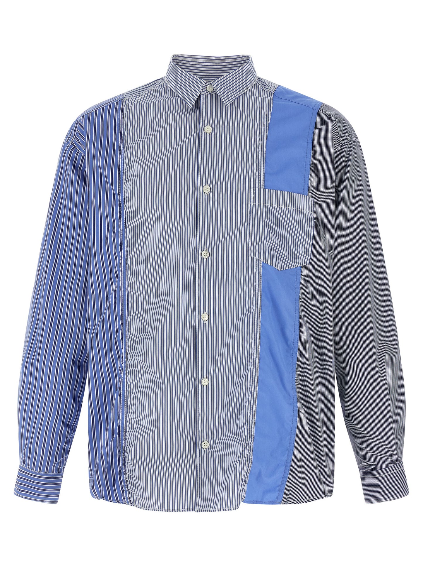 Shirt by Comme Des Garçons for men in cotton blue, patterned & patchwork features an polished silhouette, showcasing a sophisticated and detail for a truly polished finish.