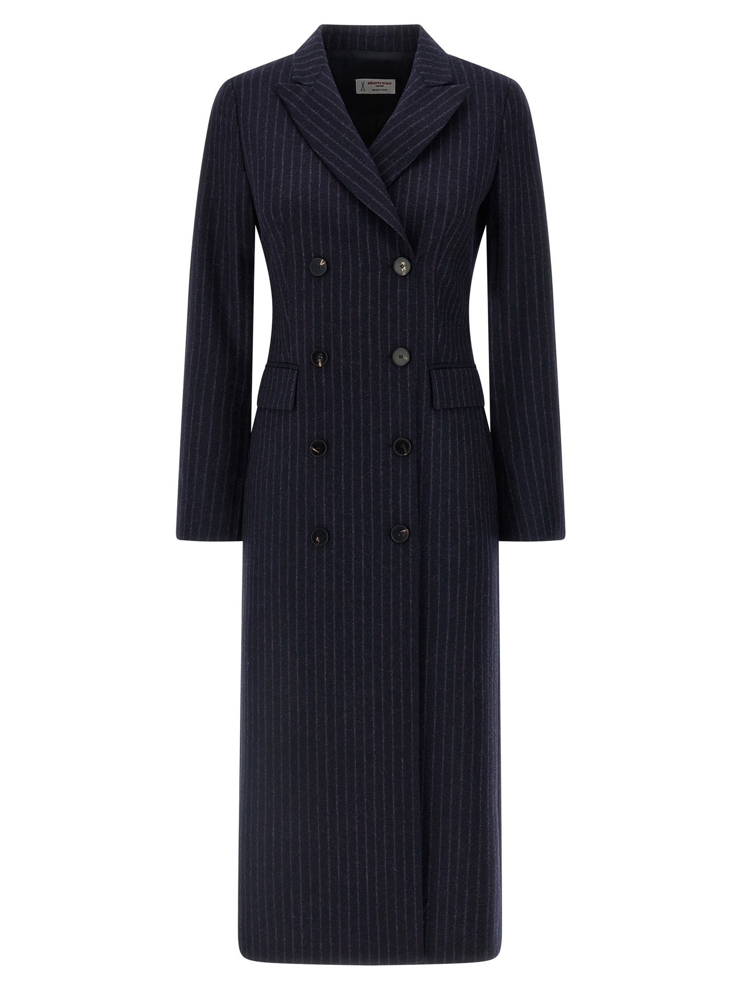 Overcoat by Alberto Biani for women in virgin wool blue features a contemporary silhouette showcasing a contemporary wrap neckline and refined pockets for a sophisticated finish.