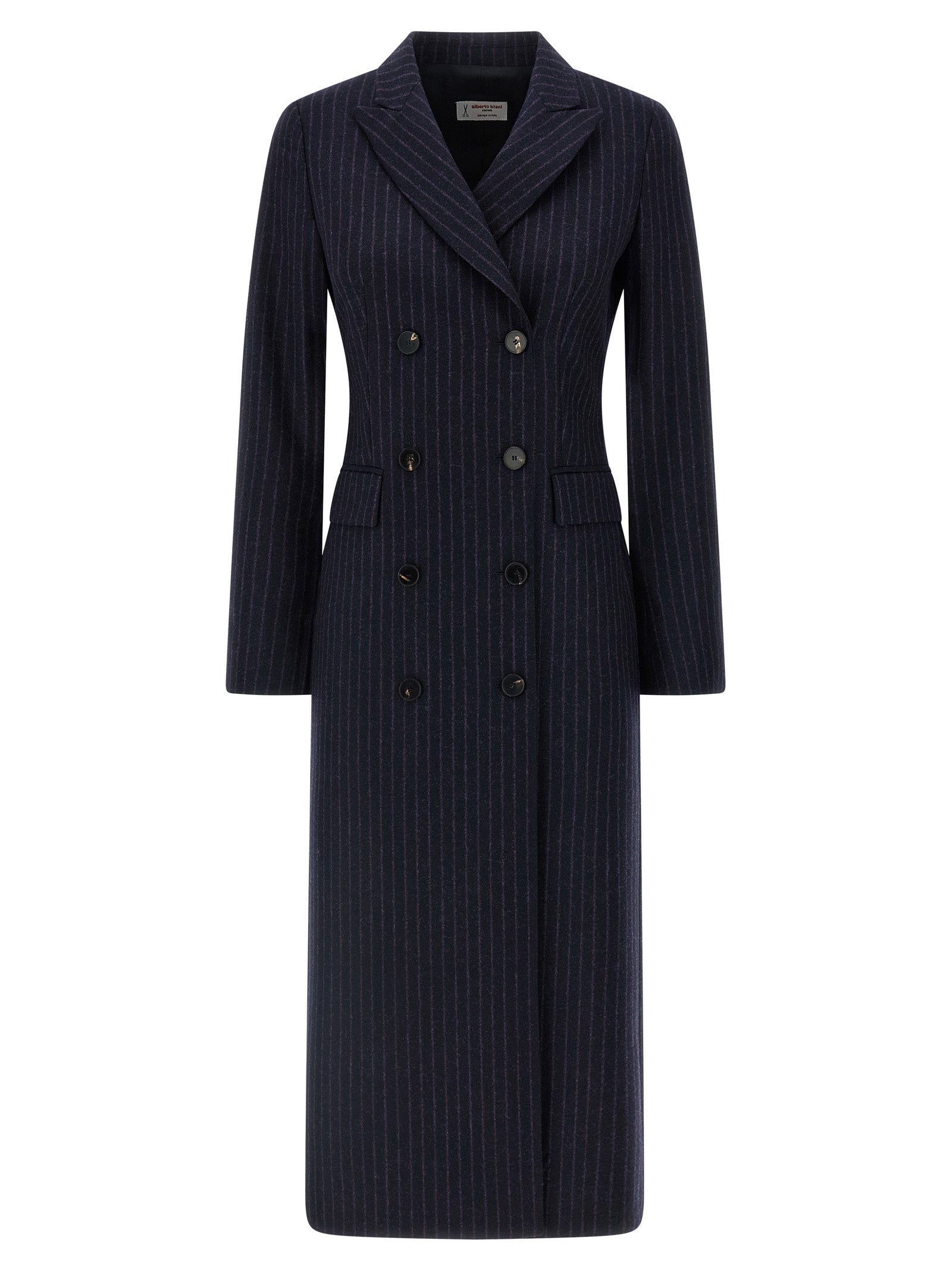 Overcoat by Alberto Biani for women in virgin wool blue features a contemporary silhouette showcasing a contemporary wrap neckline and refined pockets for a sophisticated finish.
