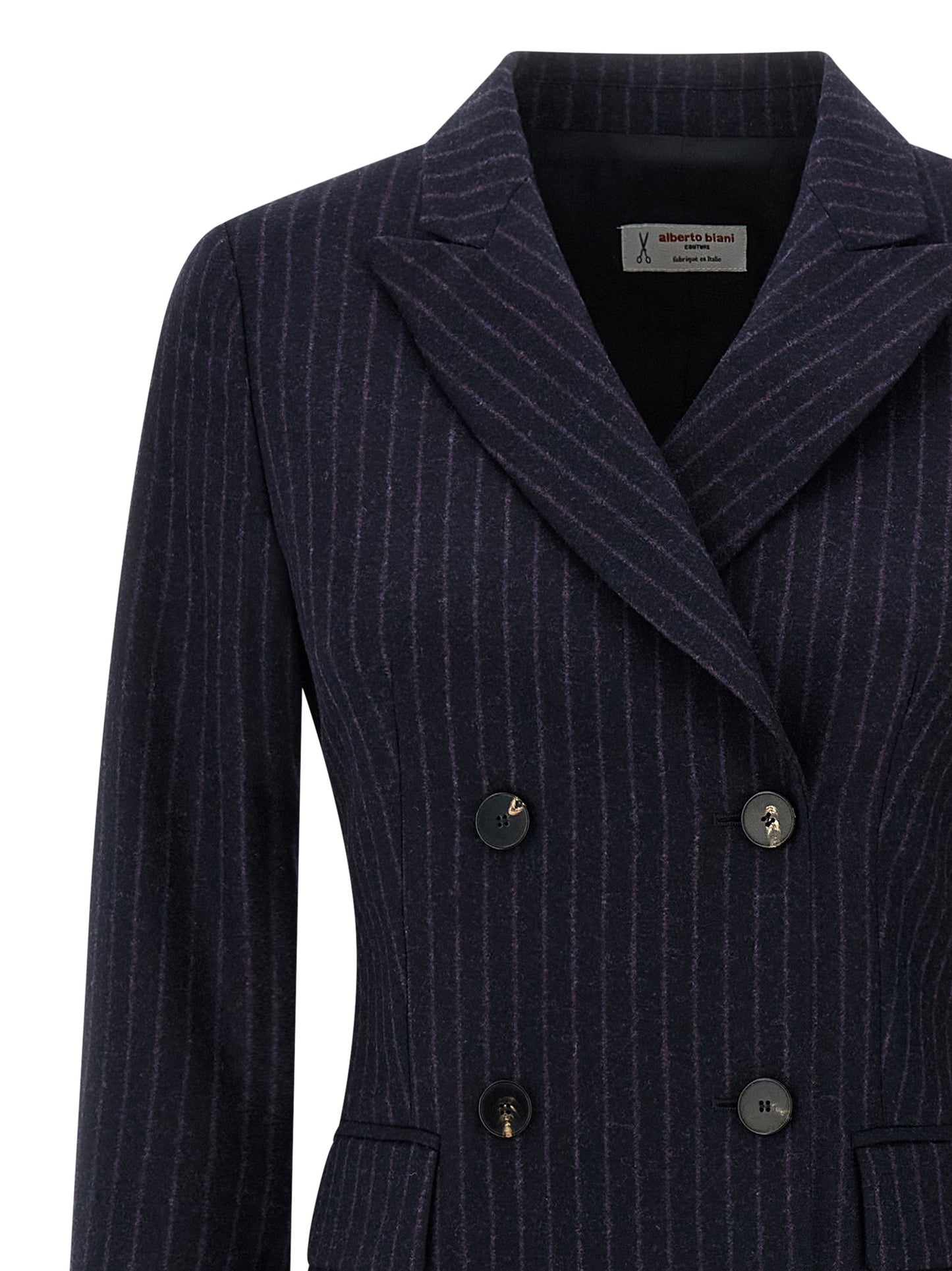 Overcoat by Alberto Biani for women in virgin wool blue features an satoral silhouette, showcasing a sophisticated wrap neckline and satoral pockets for a premium, timeless look.