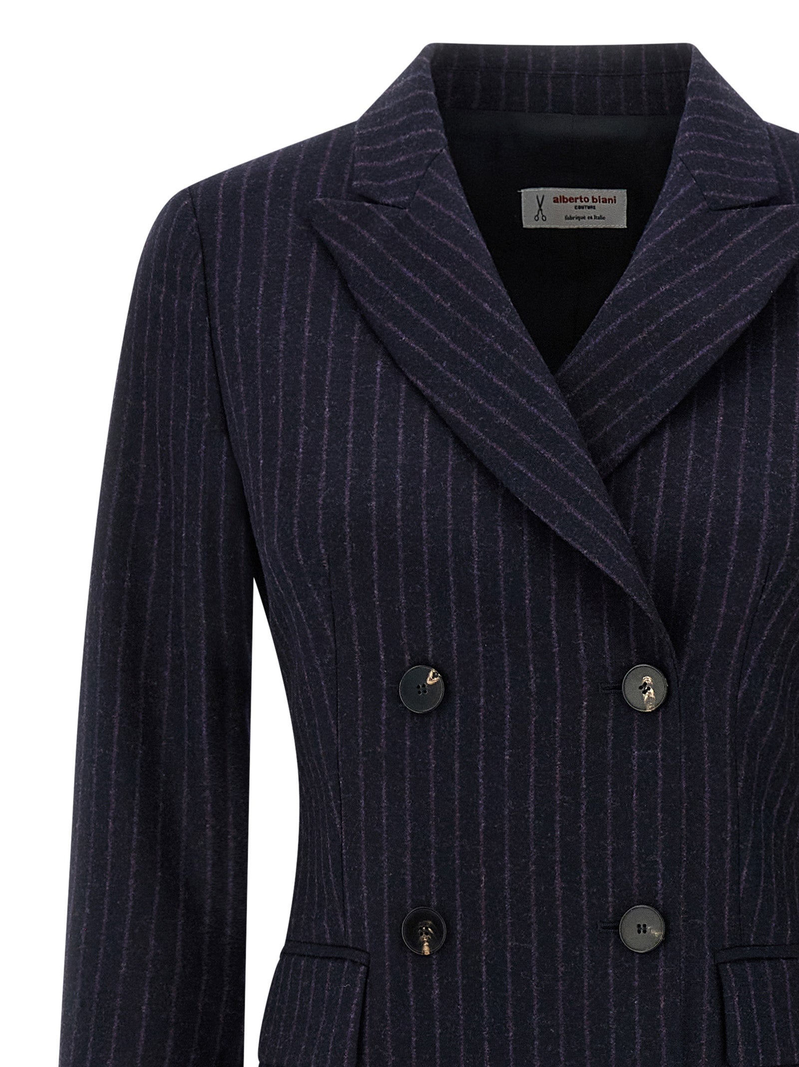 Overcoat by Alberto Biani for women in virgin wool blue features an satoral silhouette, showcasing a sophisticated wrap neckline and satoral pockets for a premium, timeless look.