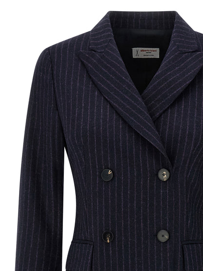 Overcoat by Alberto Biani for women in virgin wool blue features an satoral silhouette, showcasing a sophisticated wrap neckline and satoral pockets for a premium, timeless look.