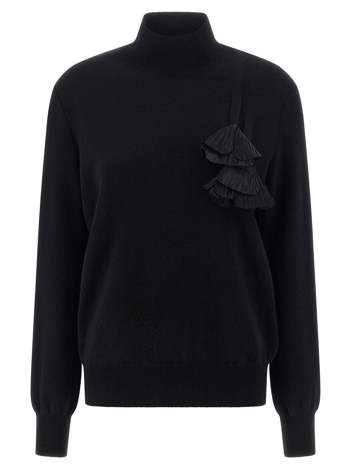 Cardigan by Ferragamo for women in cashmere virgin wool black & floral features a nuanced silhouette with a refined mock neckline and nuanced detailing for a sophisticated look.