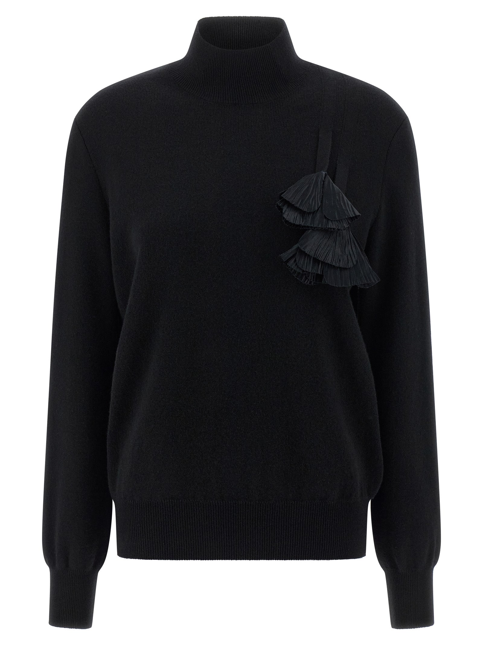 Cardigan by Ferragamo for women in cashmere virgin wool black & floral features a nuanced silhouette with a refined mock neckline and nuanced detailing for a sophisticated look.