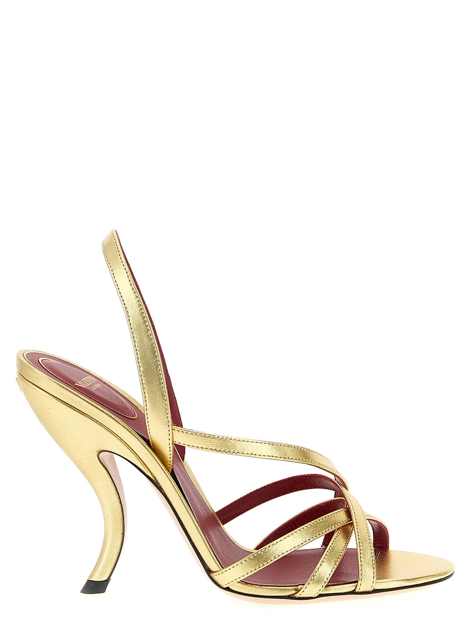 Stiletto Sandals by Valentino Garavani for women in lambskin leather gold & signature features an architectural design from the V Logo Women's Lambskin Leather Stiletto Sandals collection, defined by a architectural stiletto and for a architectural finish.