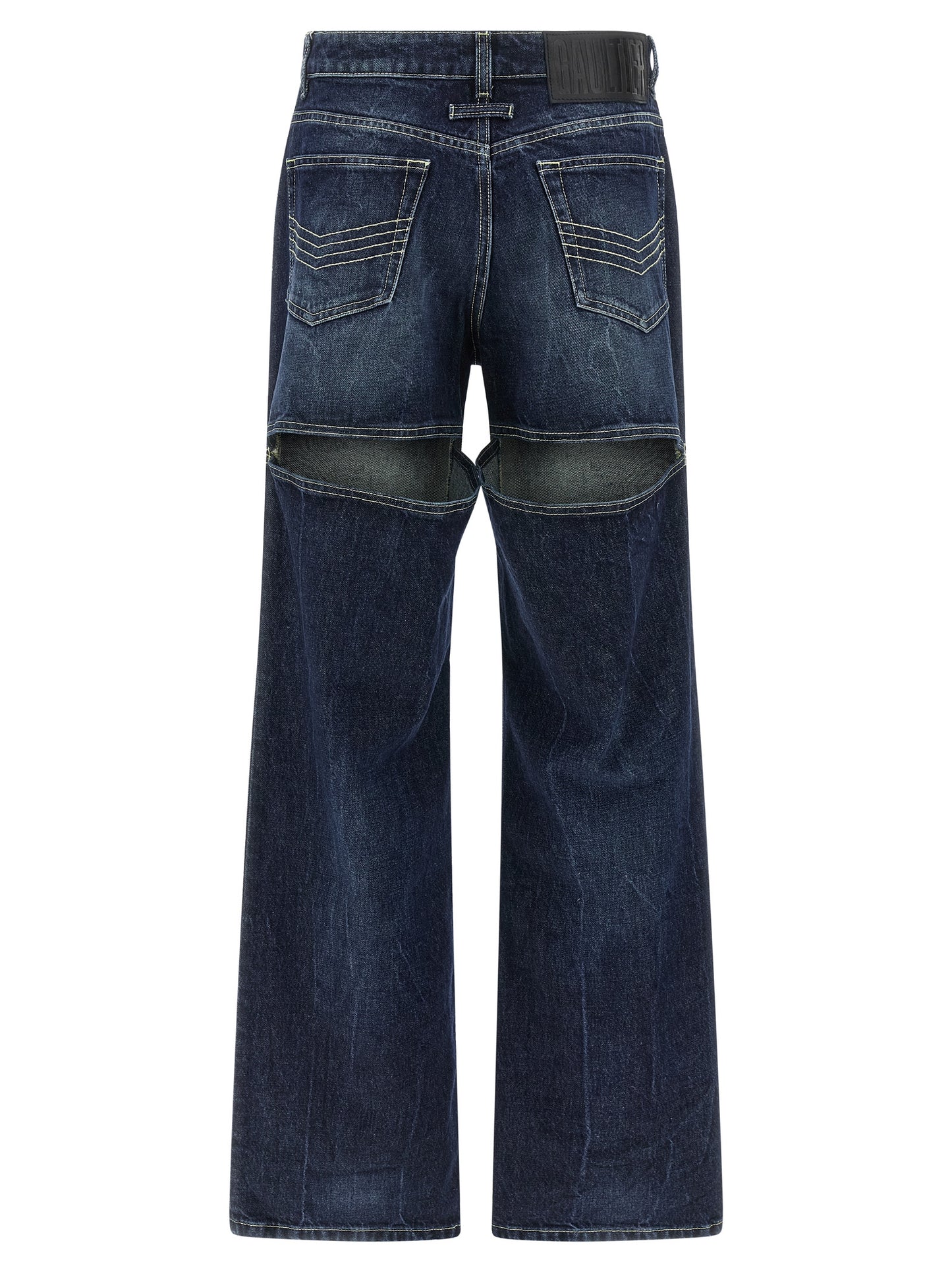 Jeans by Jean Paul Gaultier for women in cotton denim blue presents a tailored silhouette, showcasing a tailored wide and long cut with a refined for a truly tailored aesthetic.