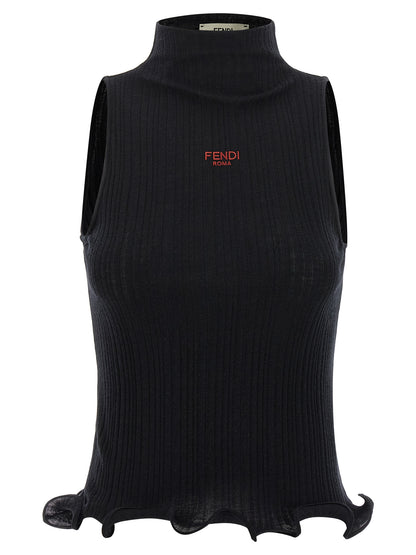 T-Shirt by Fendi for women in cotton polyester black features a plush silhouette, showcasing a sophisticated high-neck neckline and sleeveless for a truly plush finish.
