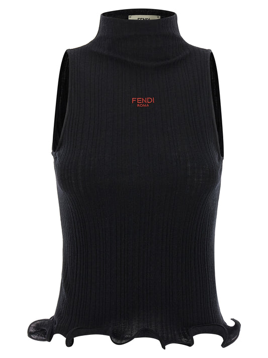 T-Shirt by Fendi for women in cotton polyester black features a plush silhouette, showcasing a sophisticated high-neck neckline and sleeveless for a truly plush finish.