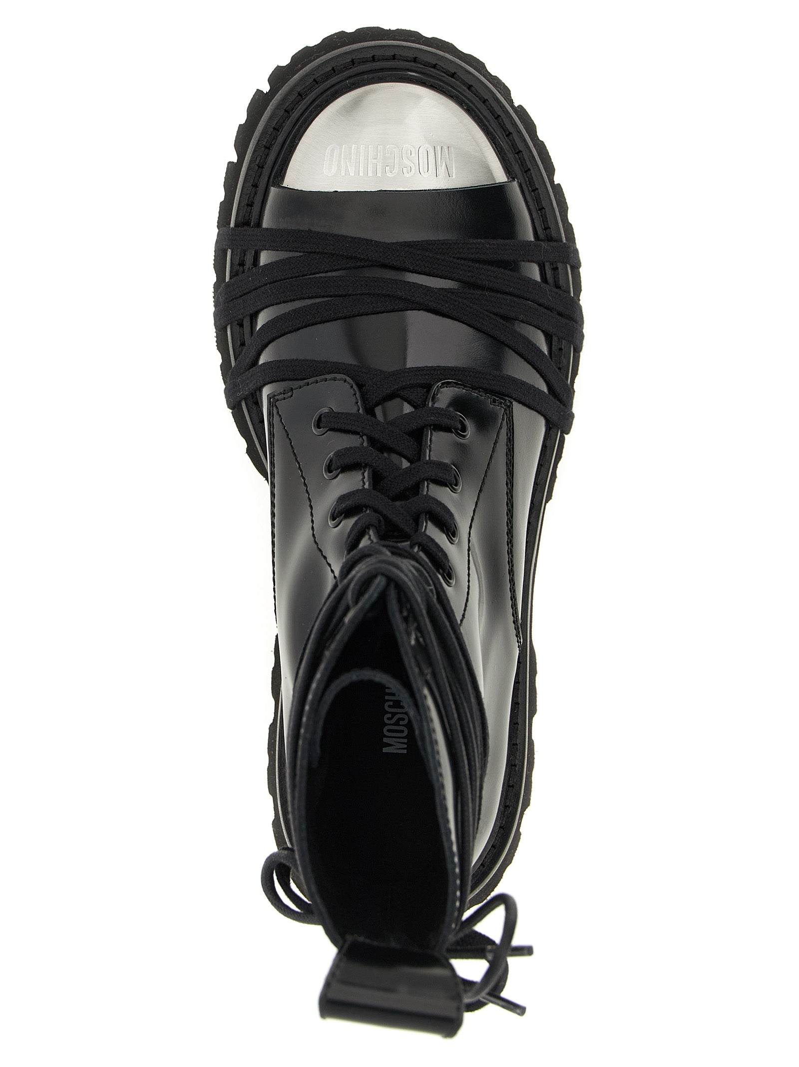 Lace-Up Combat Boots by Moschino for women in calfskin leather black features an high-performance silhouette, showcasing the sophisticated design of the Women's Calfskin Leather Lace-Up Combat Boots with a and a refined .