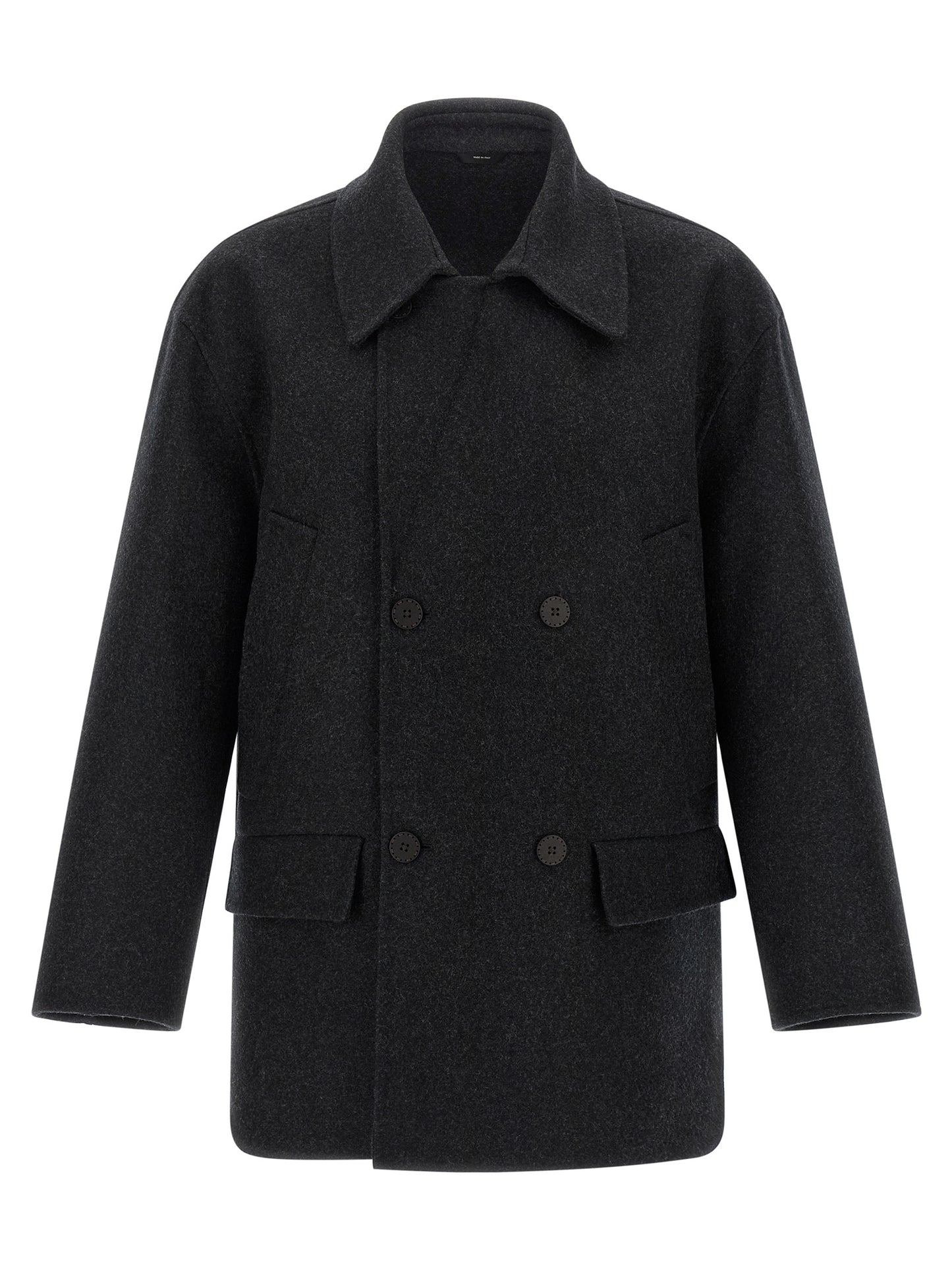 Overcoat by Fendi for men in virgin wool felt gray showcases a architectural silhouette, artfully detailed with a distinctive shirt-collar neckline and functional pockets for a architectural finish.