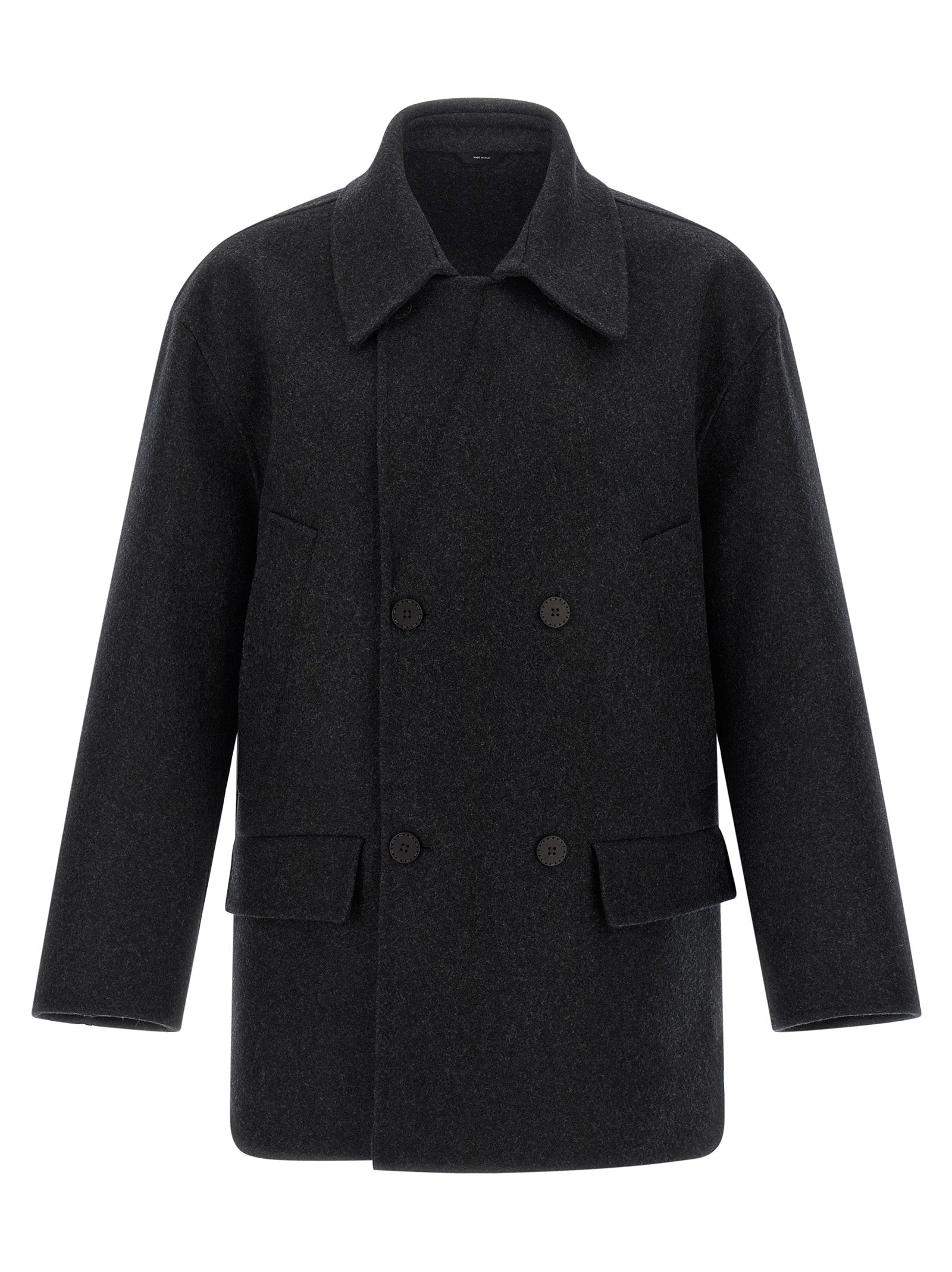 Overcoat by Fendi for men in virgin wool felt gray showcases a architectural silhouette, artfully detailed with a distinctive shirt-collar neckline and functional pockets for a architectural finish.