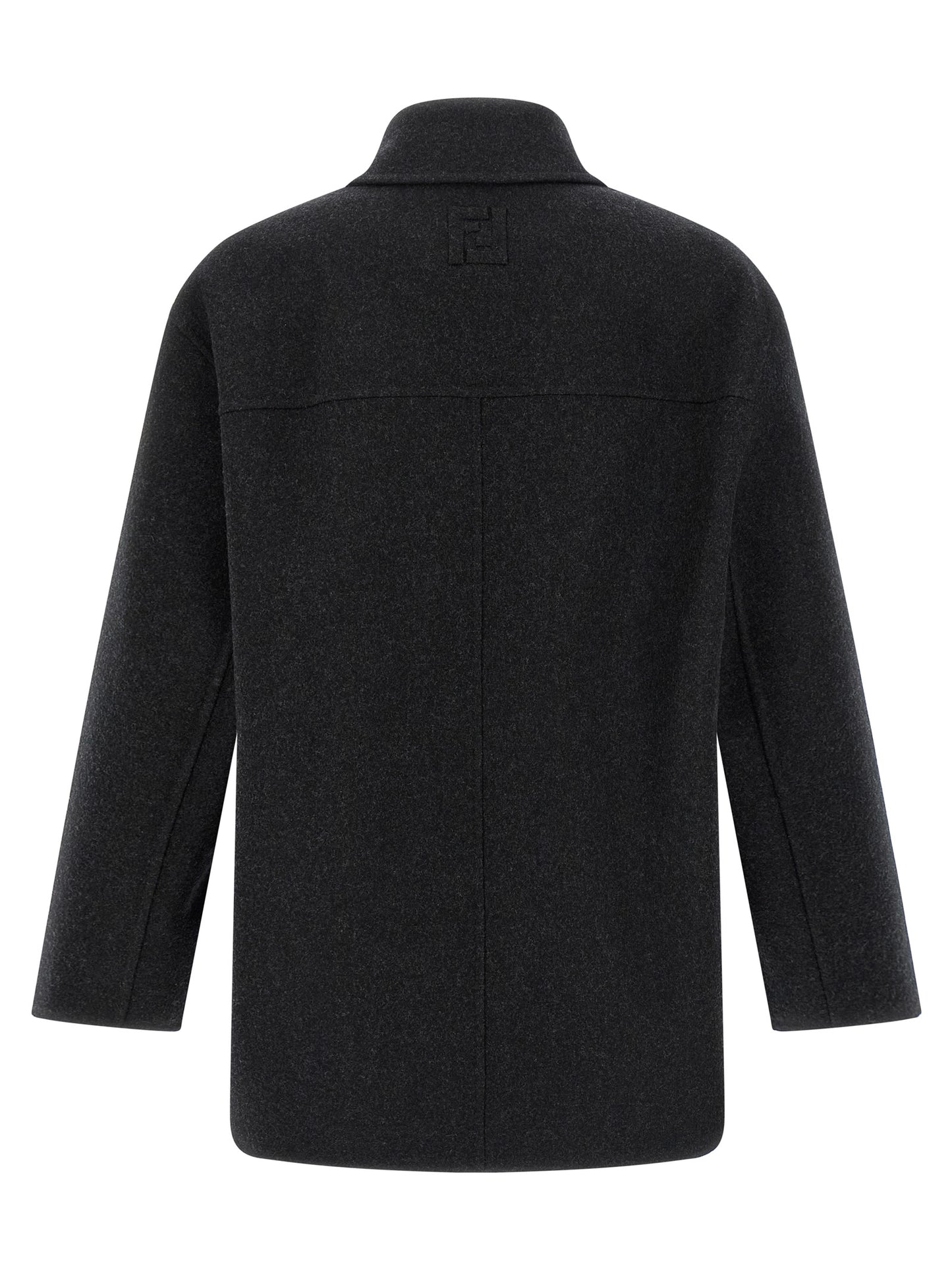 Overcoat by Fendi for men in virgin wool felt gray presents a luxurious silhouette, showcasing a luxurious shirt-collar neckline and sophisticated pockets for a premium, luxurious look.