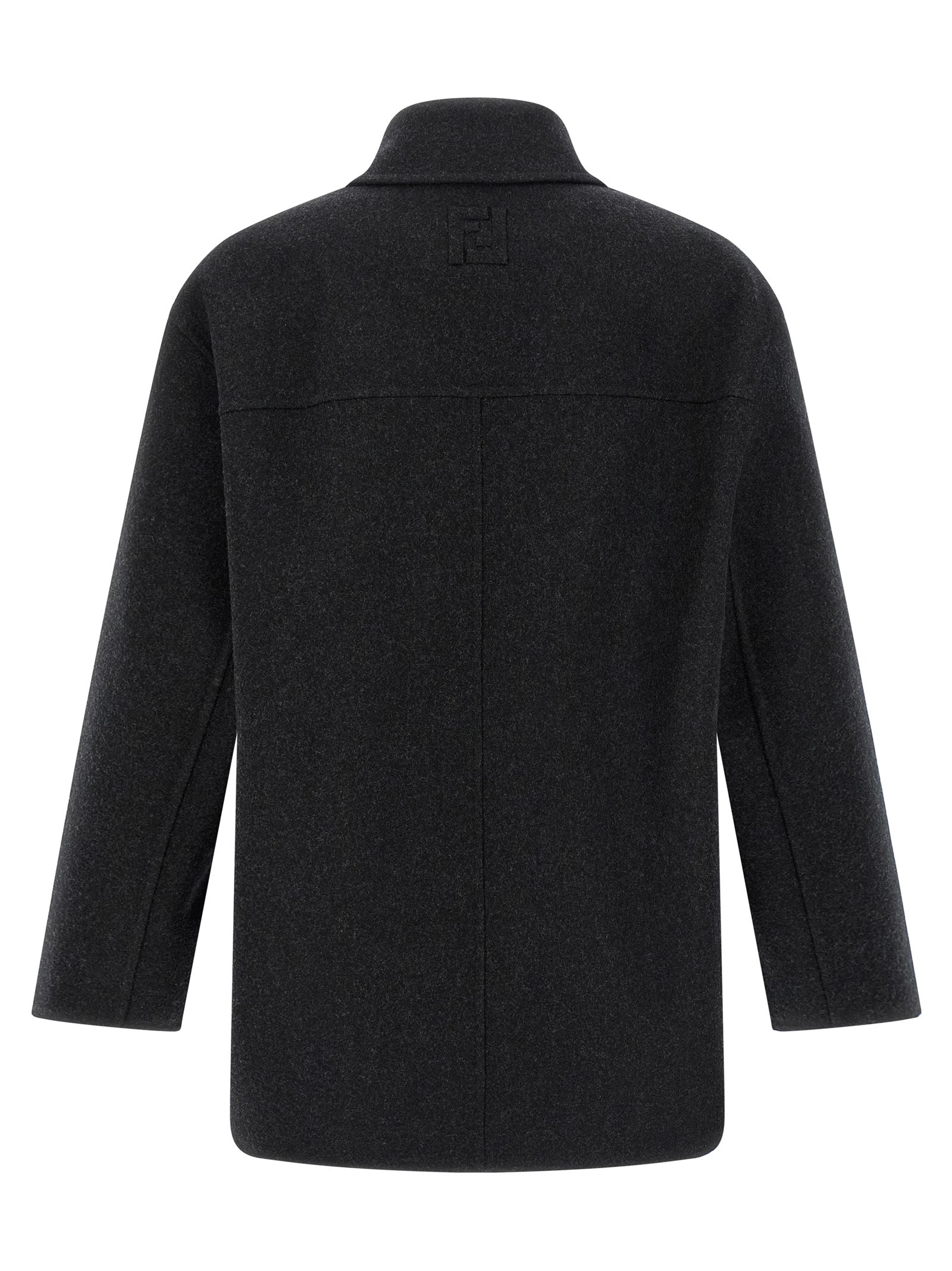 Overcoat by Fendi for men in virgin wool felt gray presents a luxurious silhouette, showcasing a luxurious shirt-collar neckline and sophisticated pockets for a premium, luxurious look.