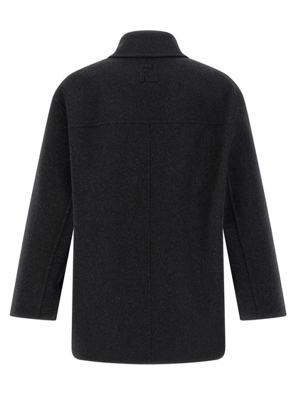 Overcoat by Fendi for men in virgin wool felt gray presents a luxurious silhouette, showcasing a luxurious shirt-collar neckline and sophisticated pockets for a premium, luxurious look.