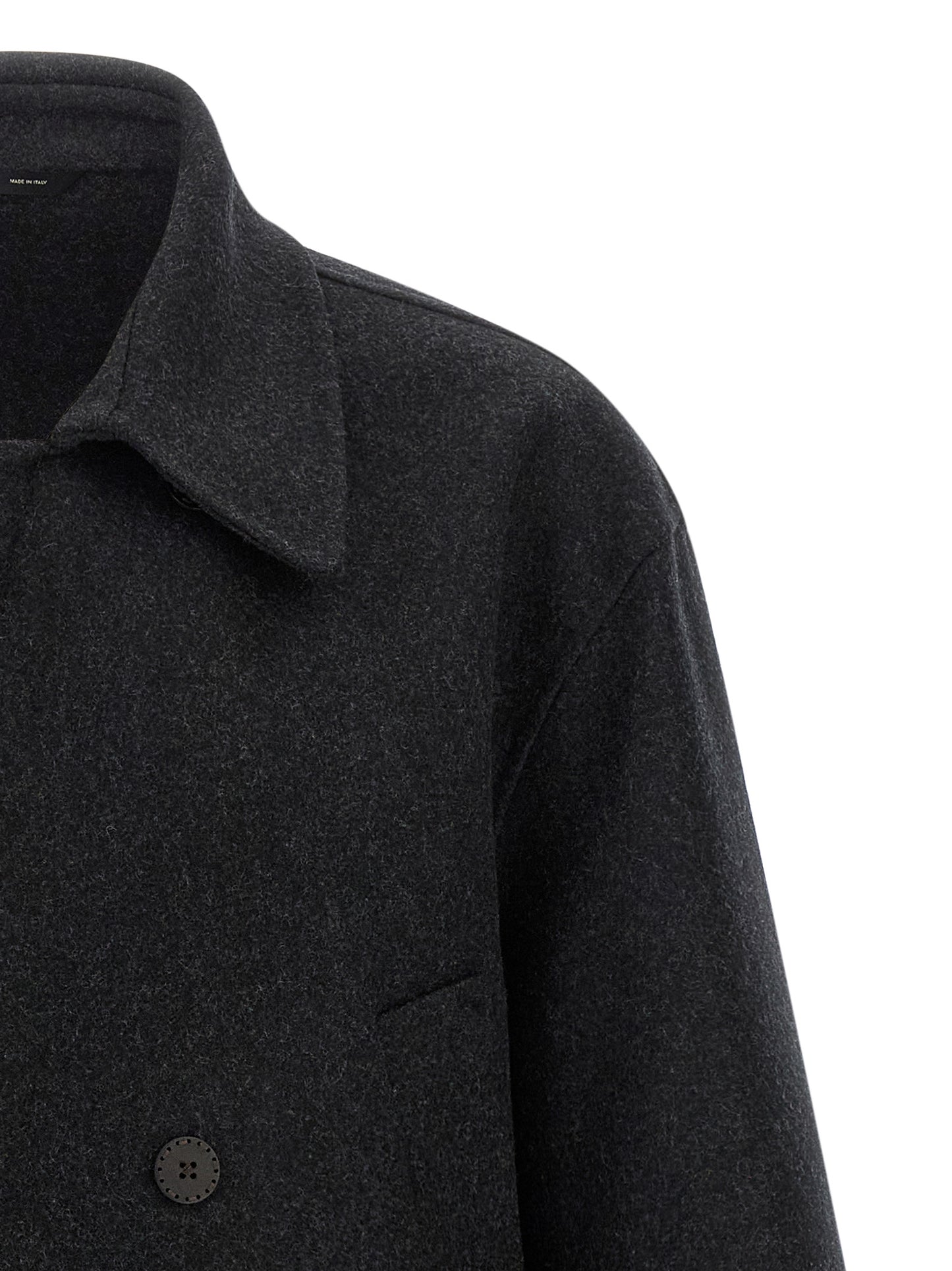 Overcoat by Fendi for men in virgin wool felt gray features a contemporary silhouette showcasing a contemporary shirt-collar neckline and refined pockets for a sophisticated finish.