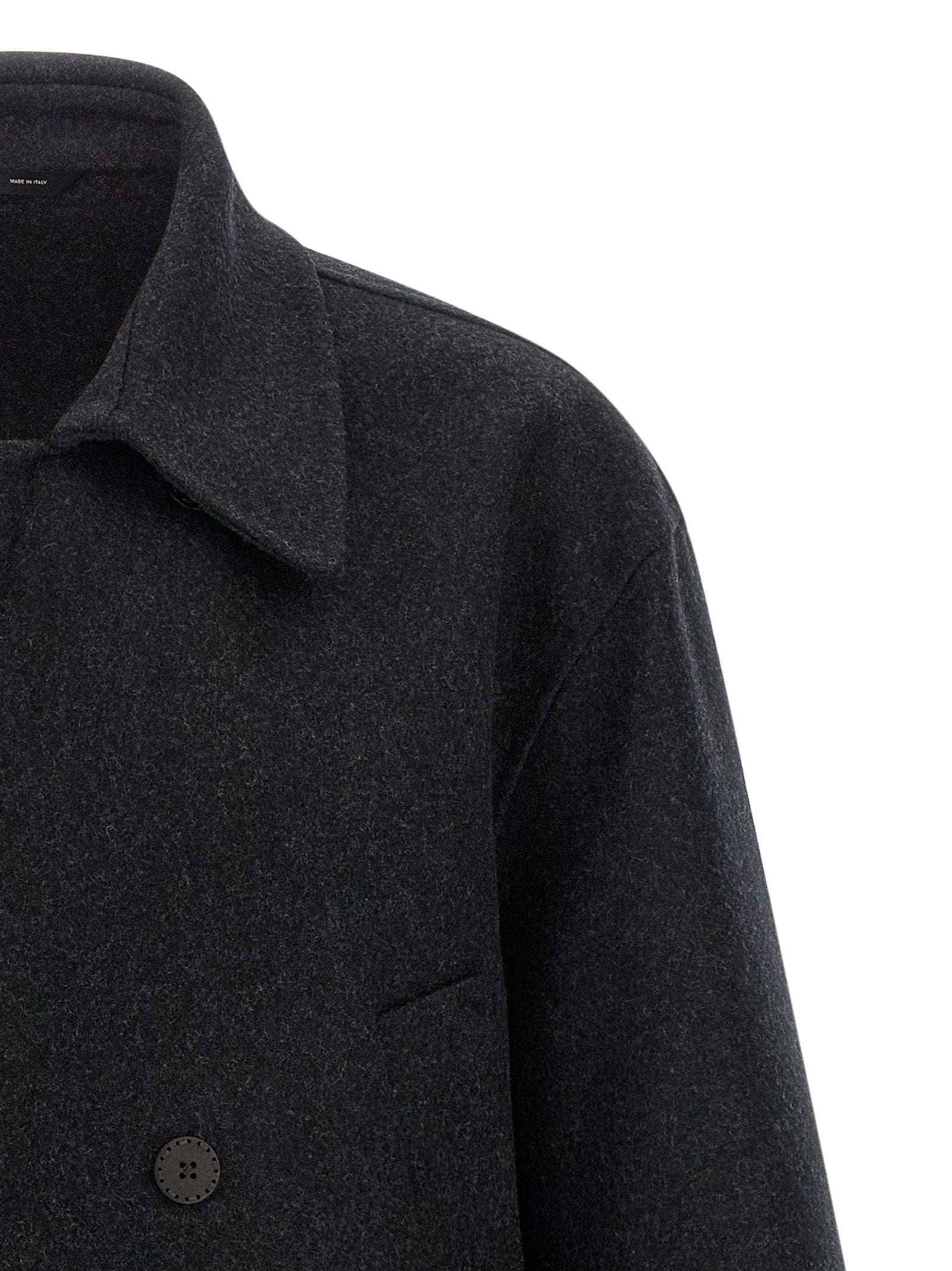 Overcoat by Fendi for men in virgin wool felt gray features a contemporary silhouette showcasing a contemporary shirt-collar neckline and refined pockets for a sophisticated finish.