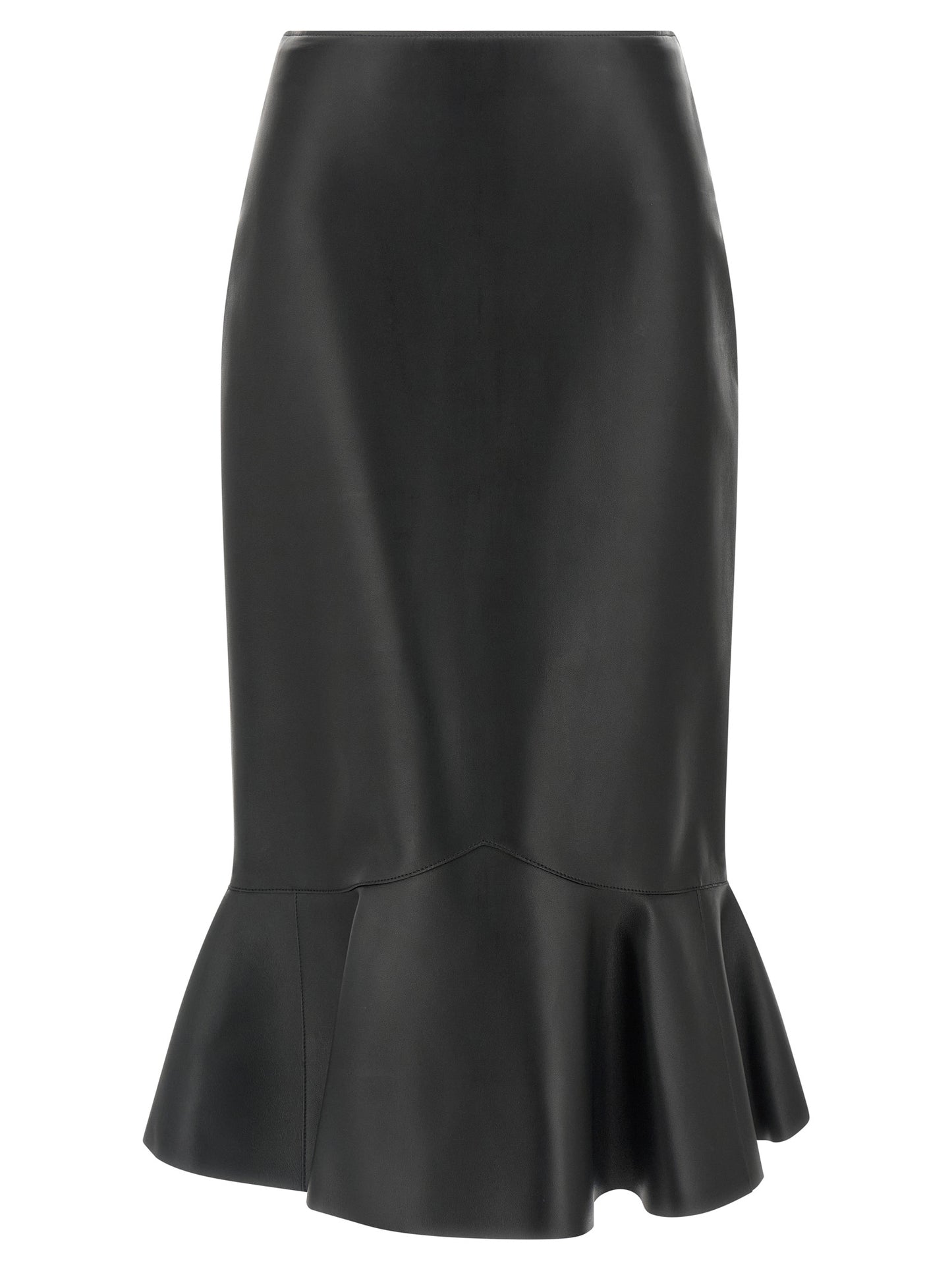 Skirt by Fendi for women in lamb leather black features a contoured silhouette from the Women's Flared High Rise Lamb Leather Midi Skirt collection, characterized by its contoured midi for a contoured finish.