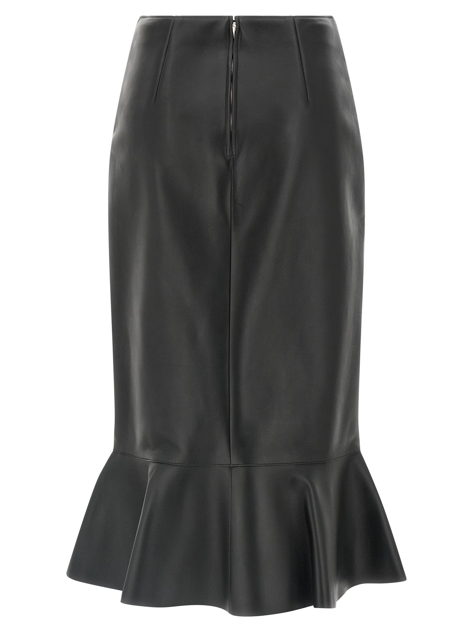Skirt by Fendi for women in lamb leather black features a contoured silhouette from the Women's Flared High Rise Lamb Leather Midi Skirt collection, characterized by its contoured midi for a contoured finish.