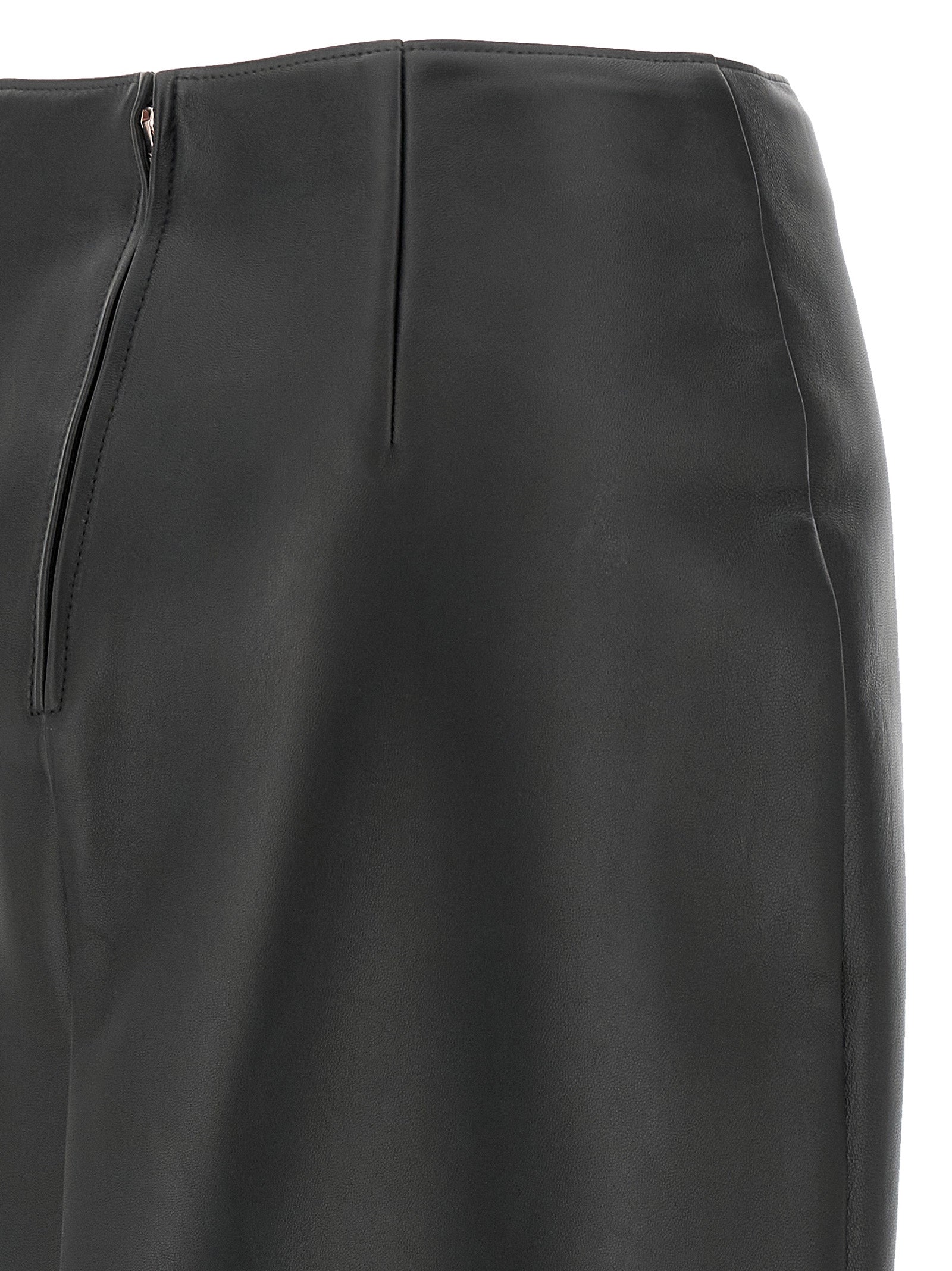 Skirt by Fendi for women in lamb leather black showcases a sultry silhouette, elegantly defined by its midi and the sophisticated sultry design of the Women's Flared High Rise Lamb Leather Midi Skirt.