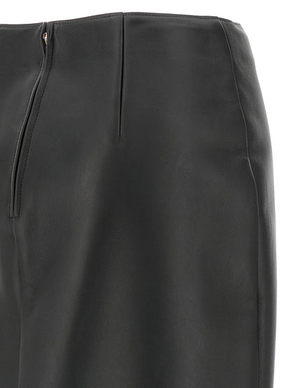 Skirt by Fendi for women in lamb leather black showcases a sultry silhouette, elegantly defined by its midi and the sophisticated sultry design of the Women's Flared High Rise Lamb Leather Midi Skirt.
