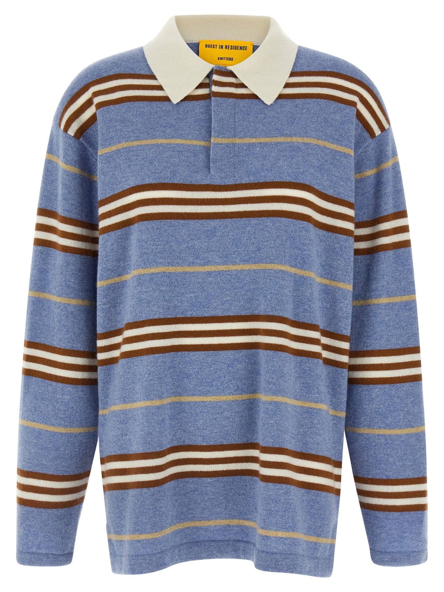 Polo Shirt by Guest in Residence for women in cashmere light-blue & striped presents a sleek silhouette, featuring a refined asymmetric neckline and for a sleek finish.