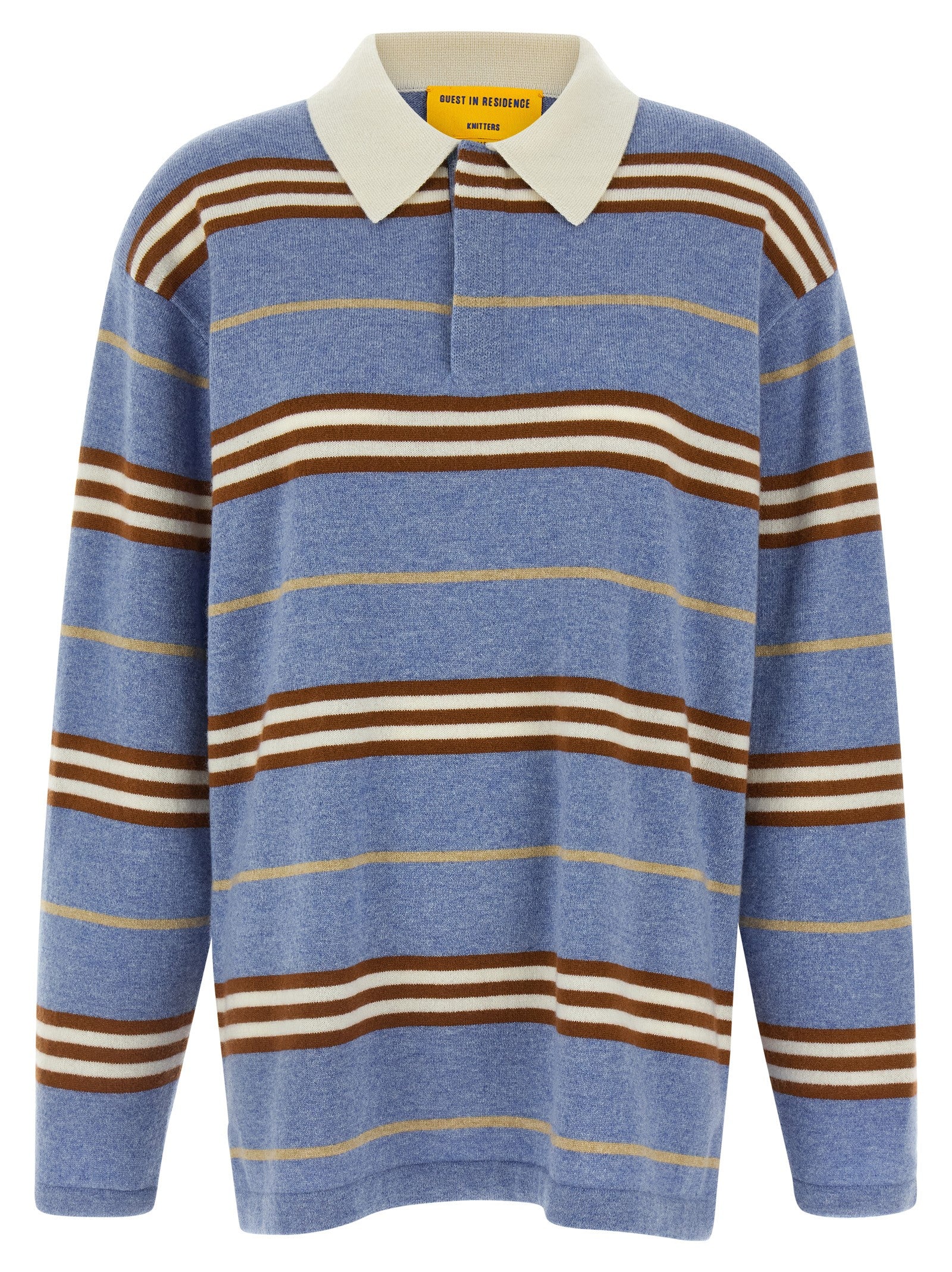 Polo Shirt by Guest in Residence for women in cashmere light-blue & striped presents a sleek silhouette, featuring a refined asymmetric neckline and for a sleek finish.