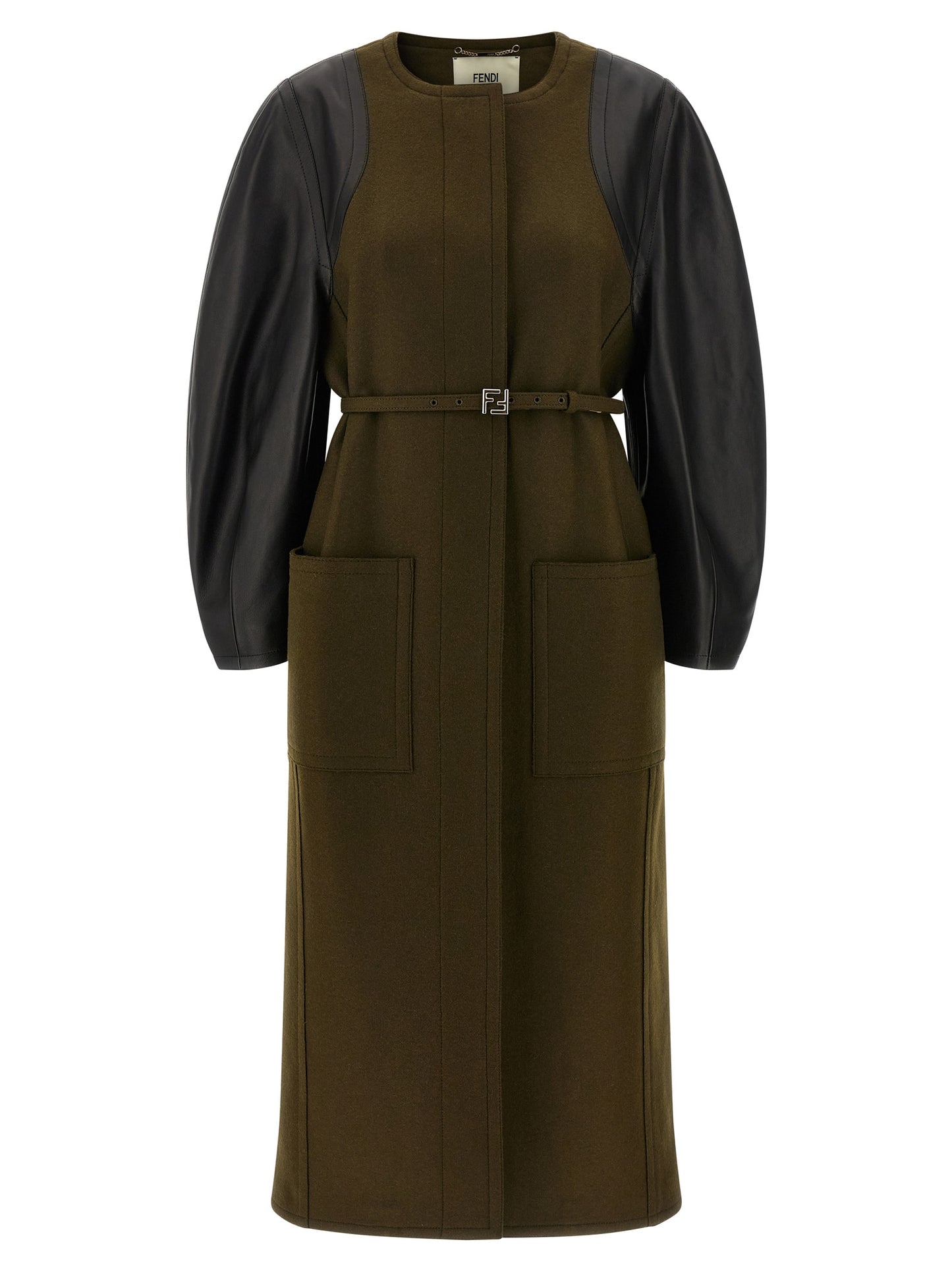 Trench Coat by Fendi for women in viscose wool & leather bicolour & green features an dramatic silhouette, perfectly showcasing the elegant and sophisticated pockets for a truly dramatic aesthetic.