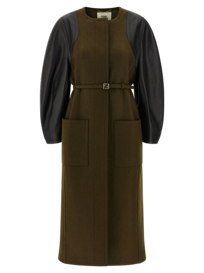 Trench Coat by Fendi for women in viscose wool & leather bicolour & green features an dramatic silhouette, perfectly showcasing the elegant and sophisticated pockets for a truly dramatic aesthetic.