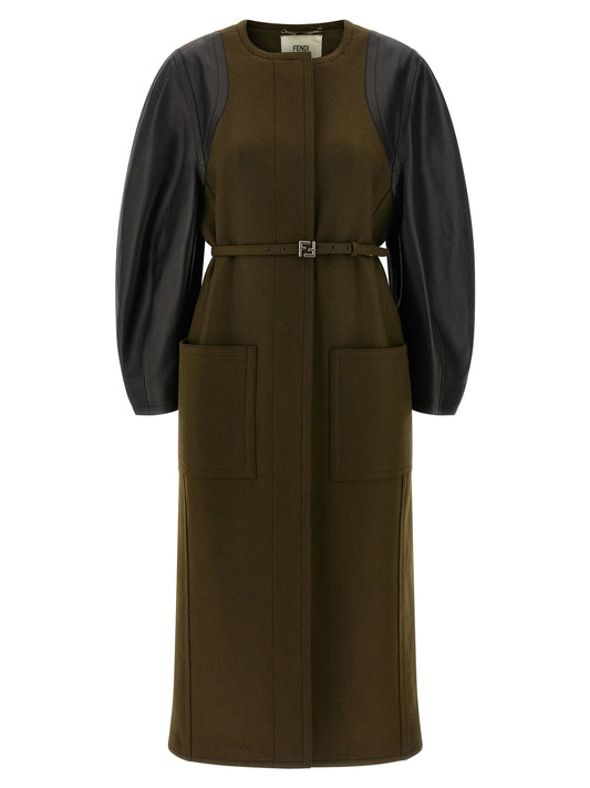Trench Coat by Fendi for women in viscose wool & leather bicolour & green features an dramatic silhouette, perfectly showcasing the elegant and sophisticated pockets for a truly dramatic aesthetic.