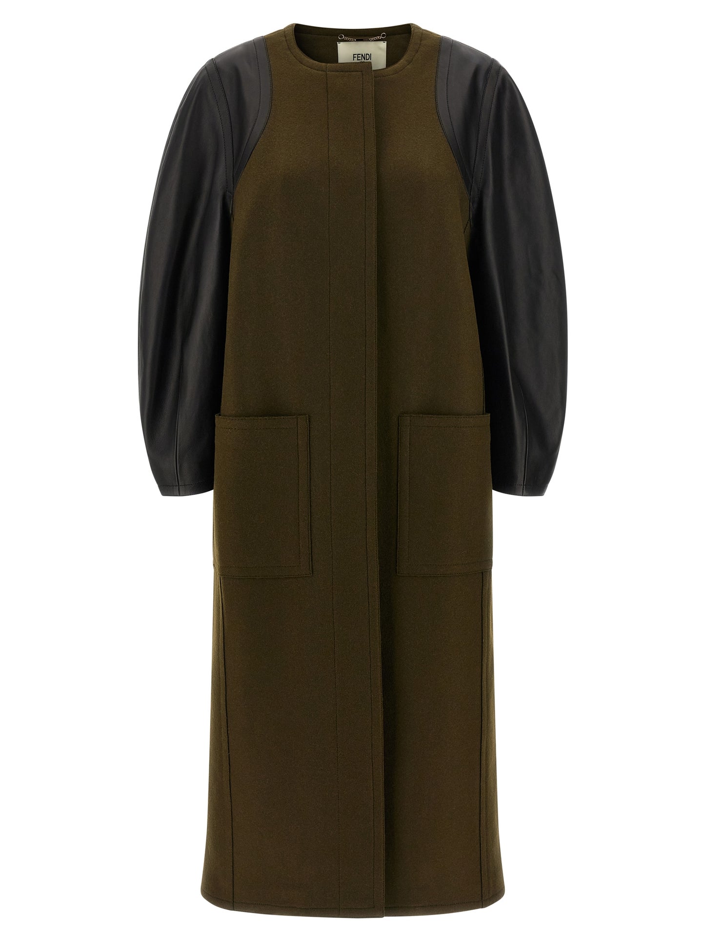 Trench Coat by Fendi for women in viscose wool & leather bicolour & green showcases a contemporary silhouette, detailed with a contemporary and distinctive pockets for a truly contemporary finish.