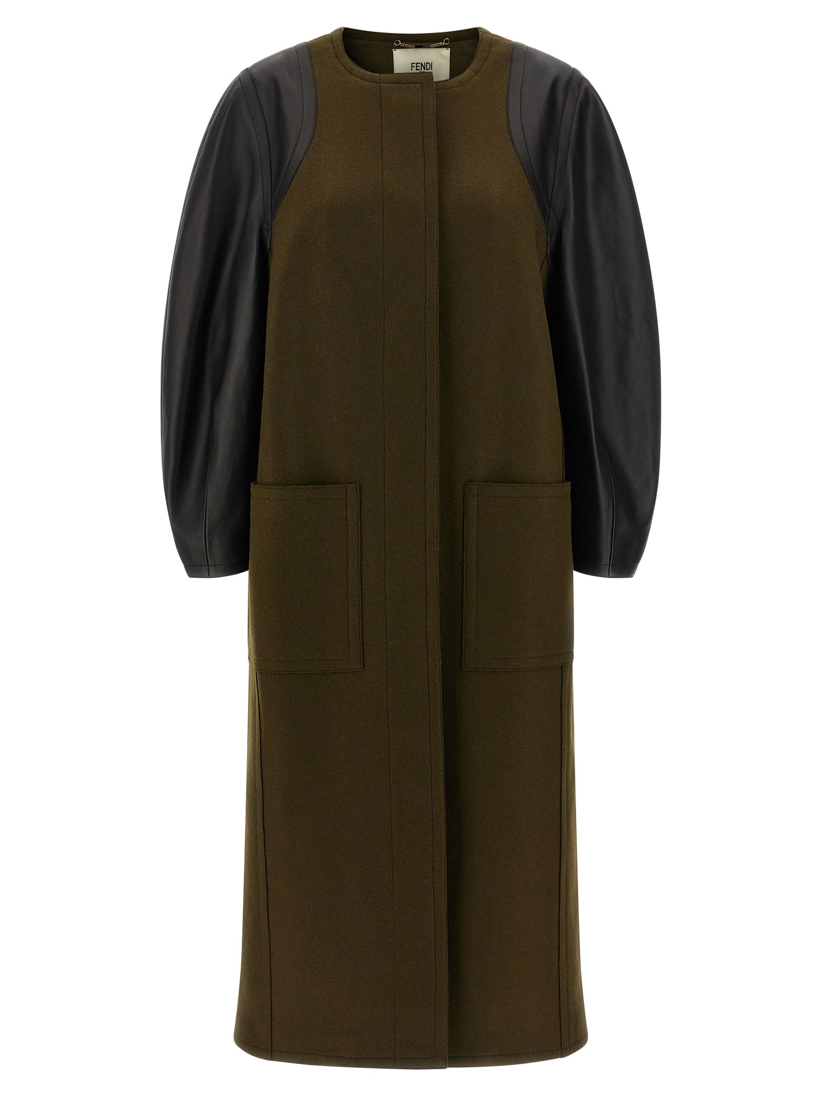 Trench Coat by Fendi for women in viscose wool & leather bicolour & green showcases a contemporary silhouette, detailed with a contemporary and distinctive pockets for a truly contemporary finish.
