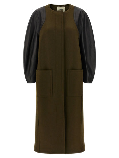 Trench Coat by Fendi for women in viscose wool & leather bicolour & green showcases a contemporary silhouette, detailed with a contemporary and distinctive pockets for a truly contemporary finish.