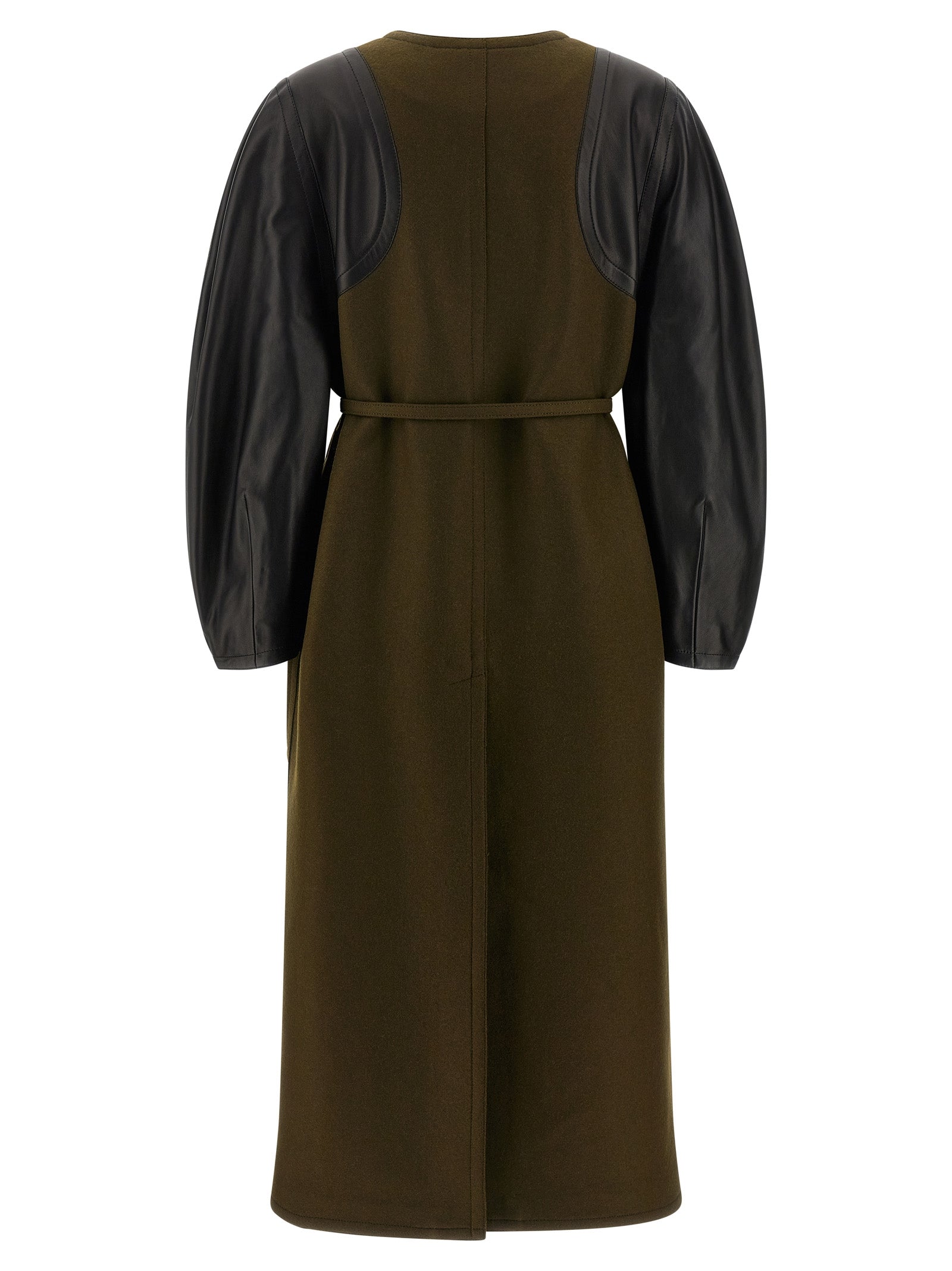Trench Coat by Fendi for women in viscose wool & leather bicolour & green presents a distinguished silhouette, artfully detailed with pockets and a distinguished for a sophisticated, distinguished finish.