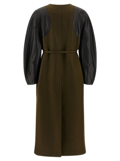 Trench Coat by Fendi for women in viscose wool & leather bicolour & green presents a distinguished silhouette, artfully detailed with pockets and a distinguished for a sophisticated, distinguished finish.